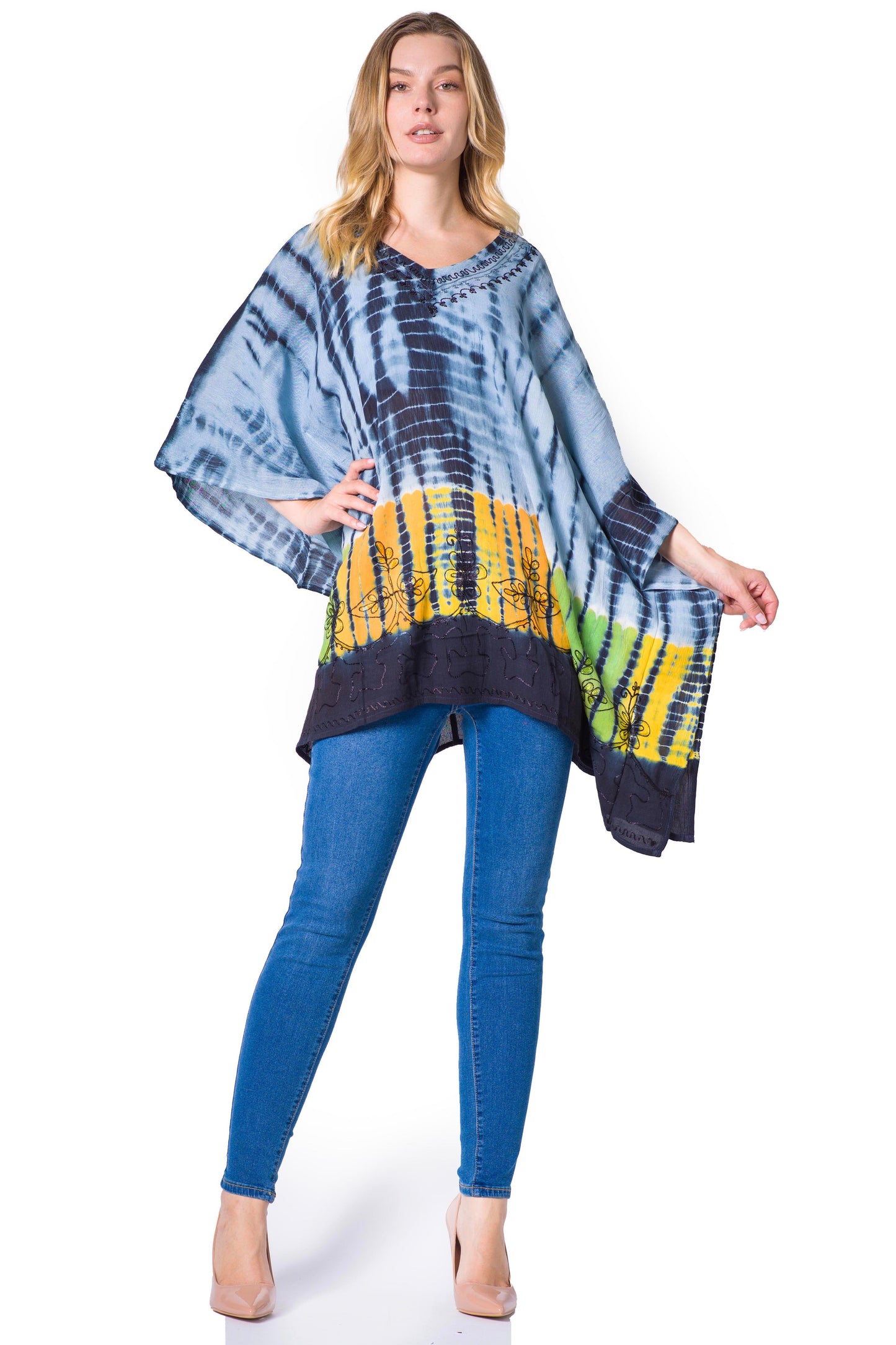 Sakkas Eliana Wide Long Tall Embroidered Tie Dye Ombre Batik Poncho Top Blouse - Concordia Style Boutique