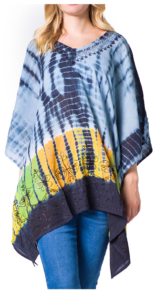 Sakkas Eliana Wide Long Tall Embroidered Tie Dye Ombre Batik Poncho Top Blouse - Concordia Style Boutique