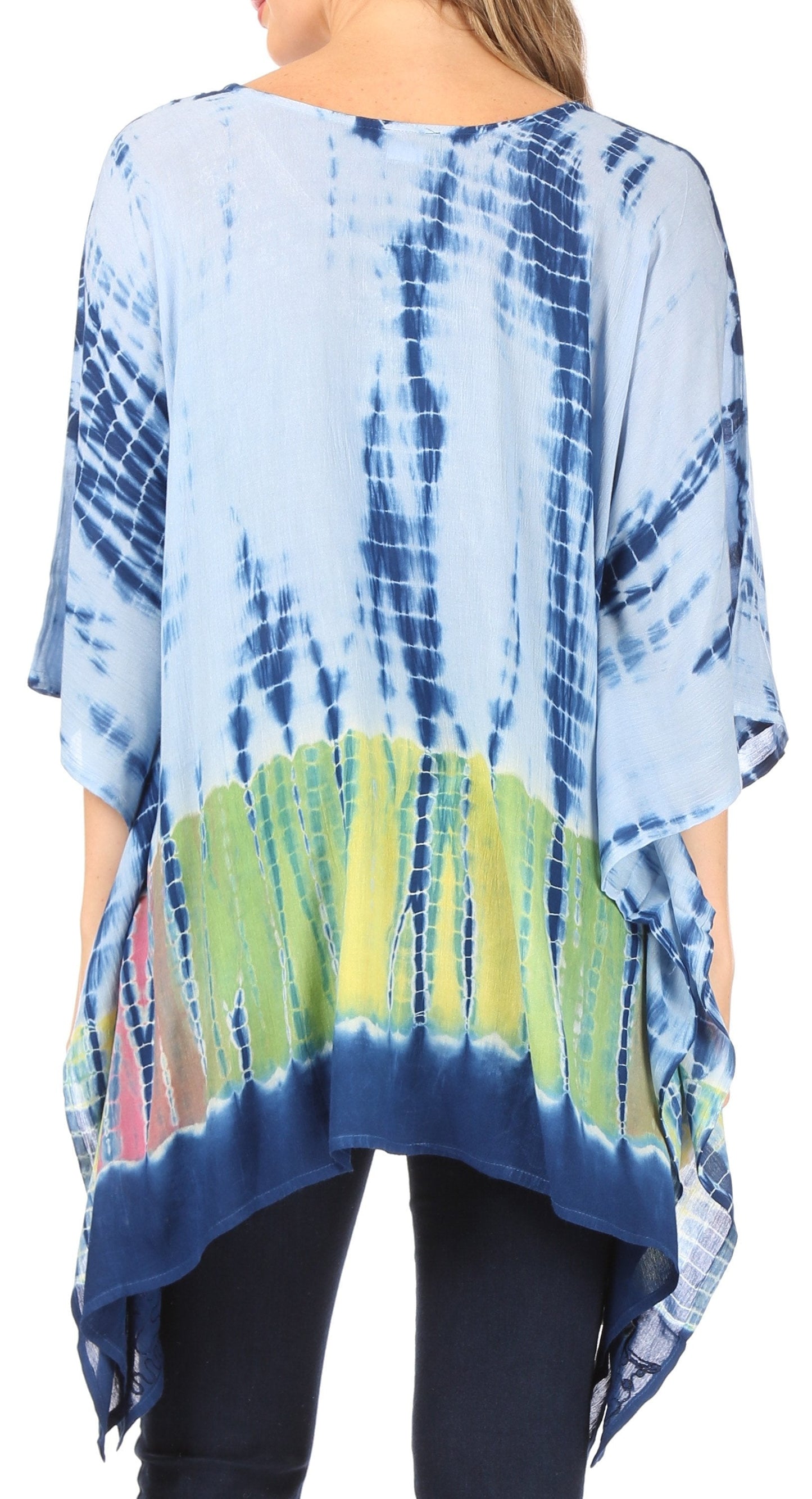 Sakkas Eliana Wide Long Tall Embroidered Tie Dye Ombre Batik Poncho Top Blouse - Concordia Style Boutique