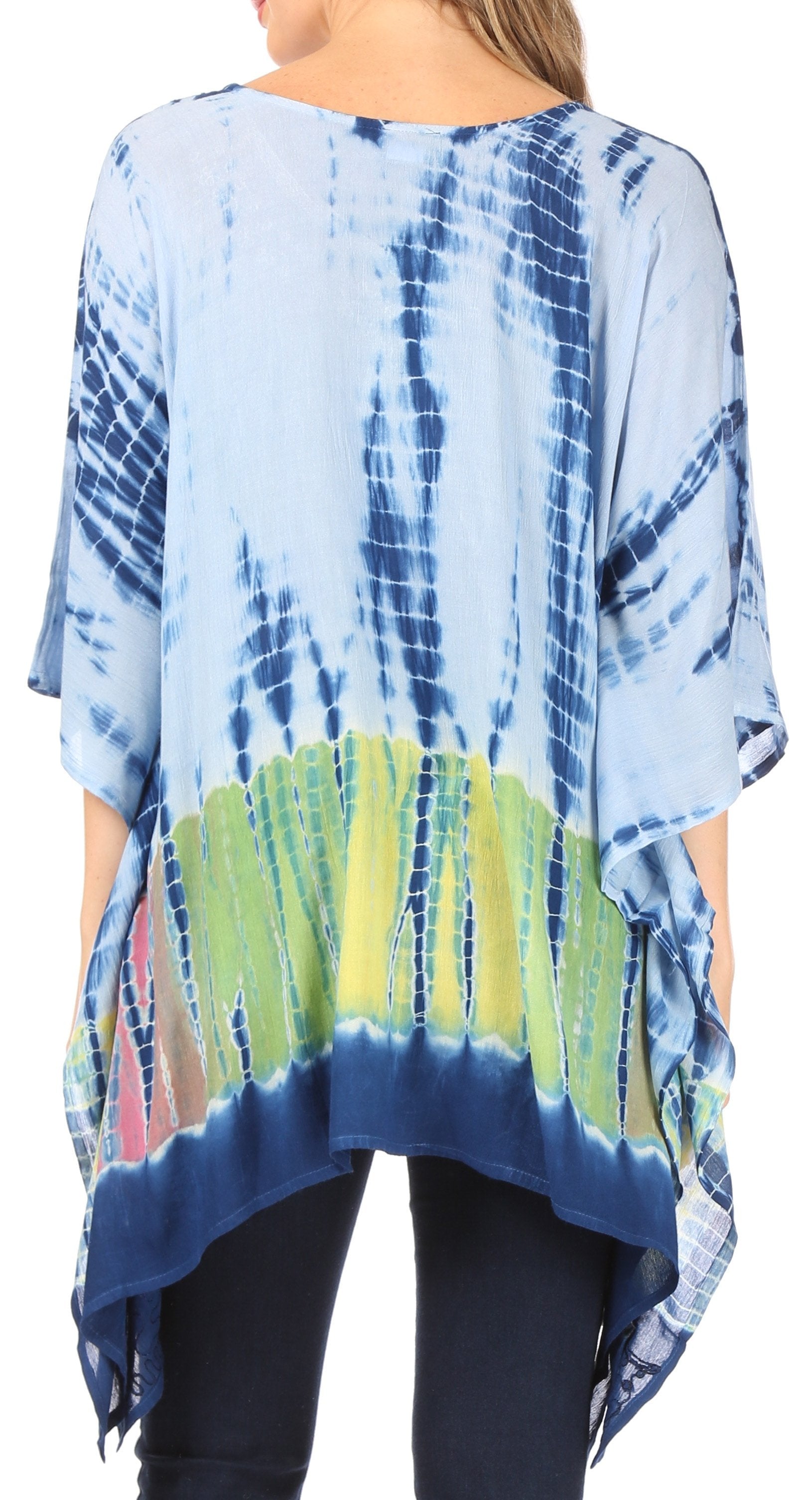 Sakkas Eliana Wide Long Tall Embroidered Tie Dye Ombre Batik Poncho Top Blouse - Concordia Style Boutique
