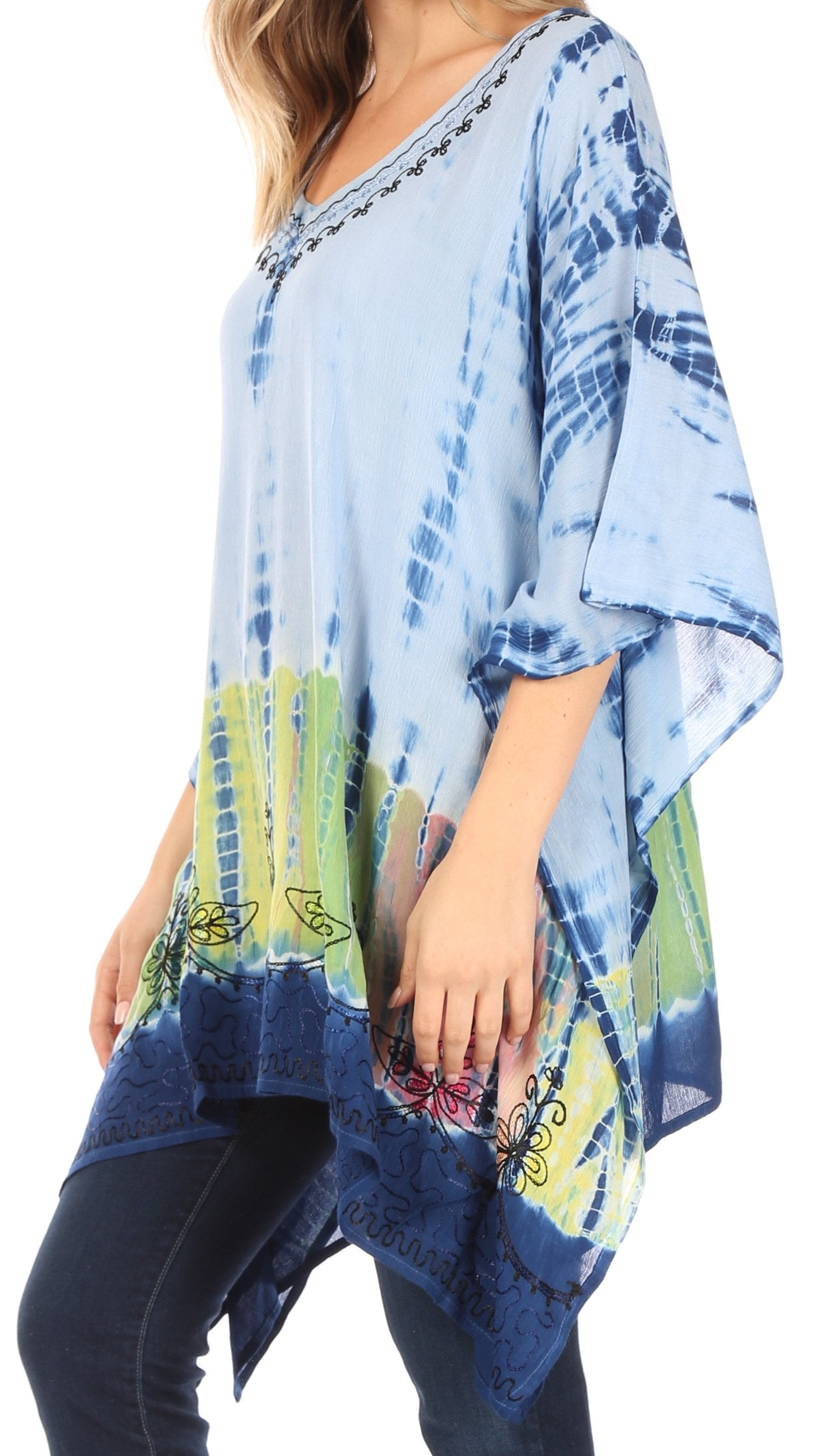 Sakkas Eliana Wide Long Tall Embroidered Tie Dye Ombre Batik Poncho Top Blouse - Concordia Style Boutique