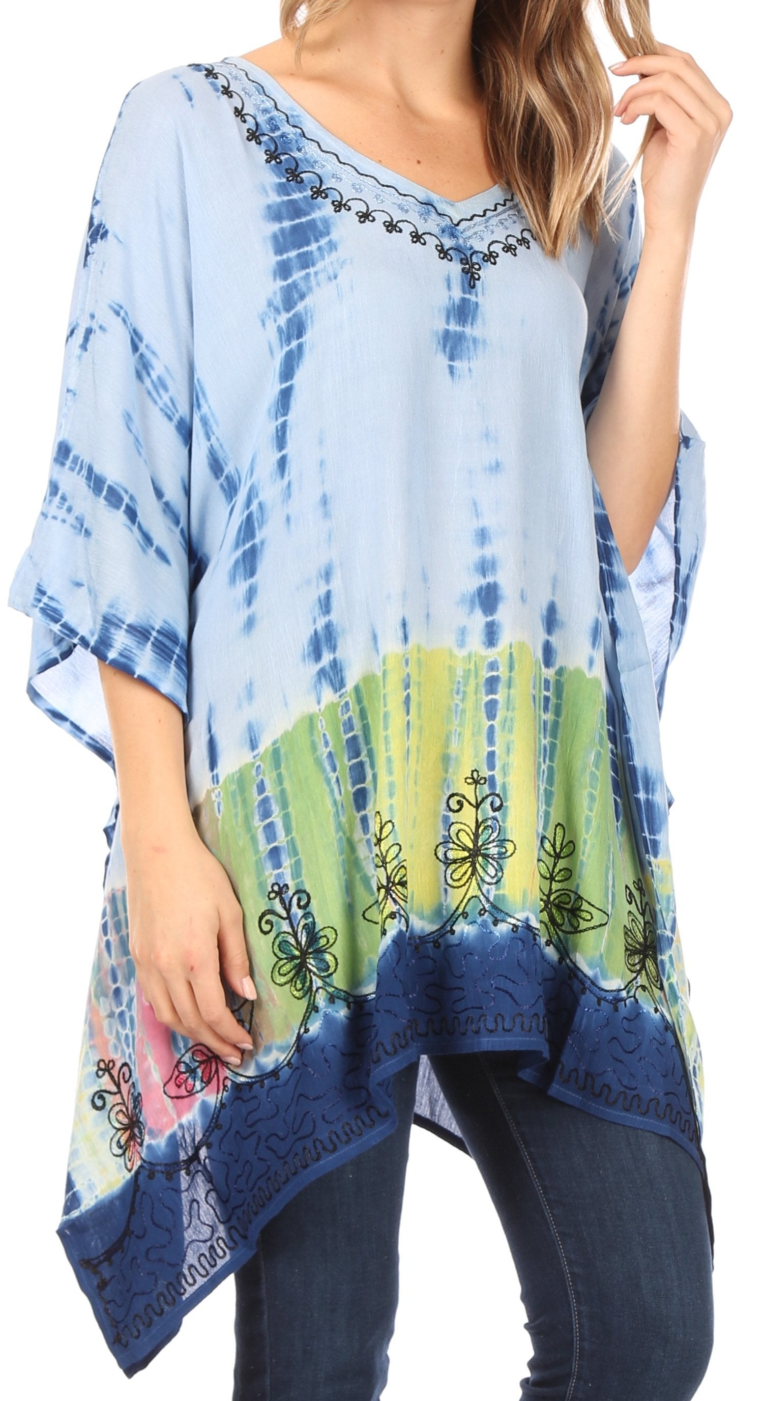 Sakkas Eliana Wide Long Tall Embroidered Tie Dye Ombre Batik Poncho Top Blouse - Concordia Style Boutique