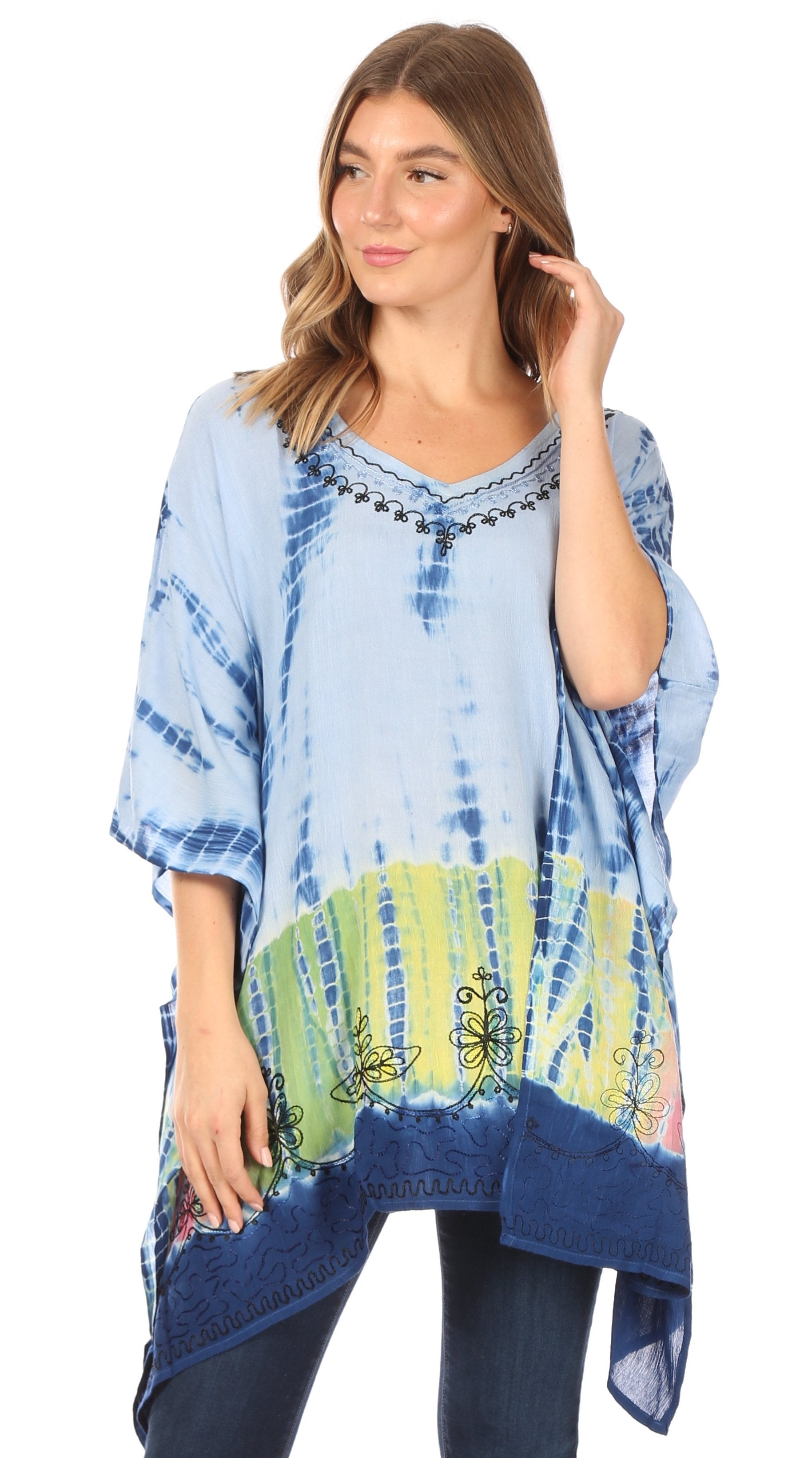 Sakkas Eliana Wide Long Tall Embroidered Tie Dye Ombre Batik Poncho Top Blouse - Concordia Style Boutique