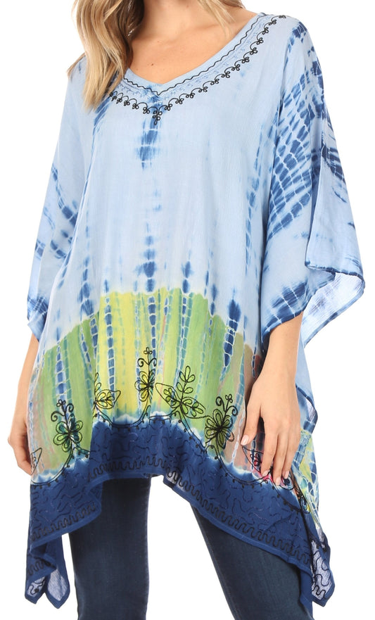 Sakkas Eliana Wide Long Tall Embroidered Tie Dye Ombre Batik Poncho Top Blouse - Concordia Style Boutique
