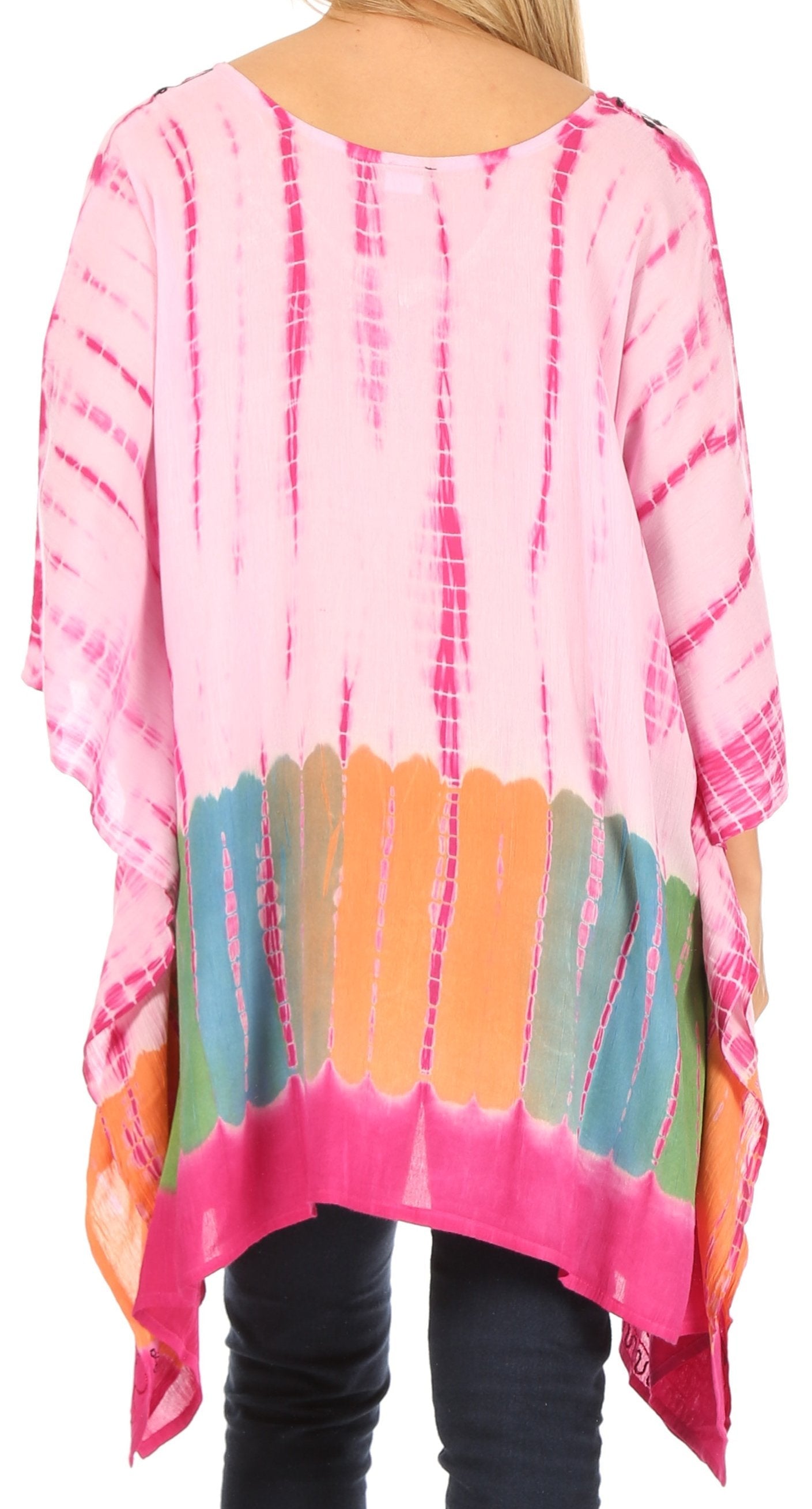 Sakkas Eliana Wide Long Tall Embroidered Tie Dye Ombre Batik Poncho Top Blouse - Concordia Style Boutique