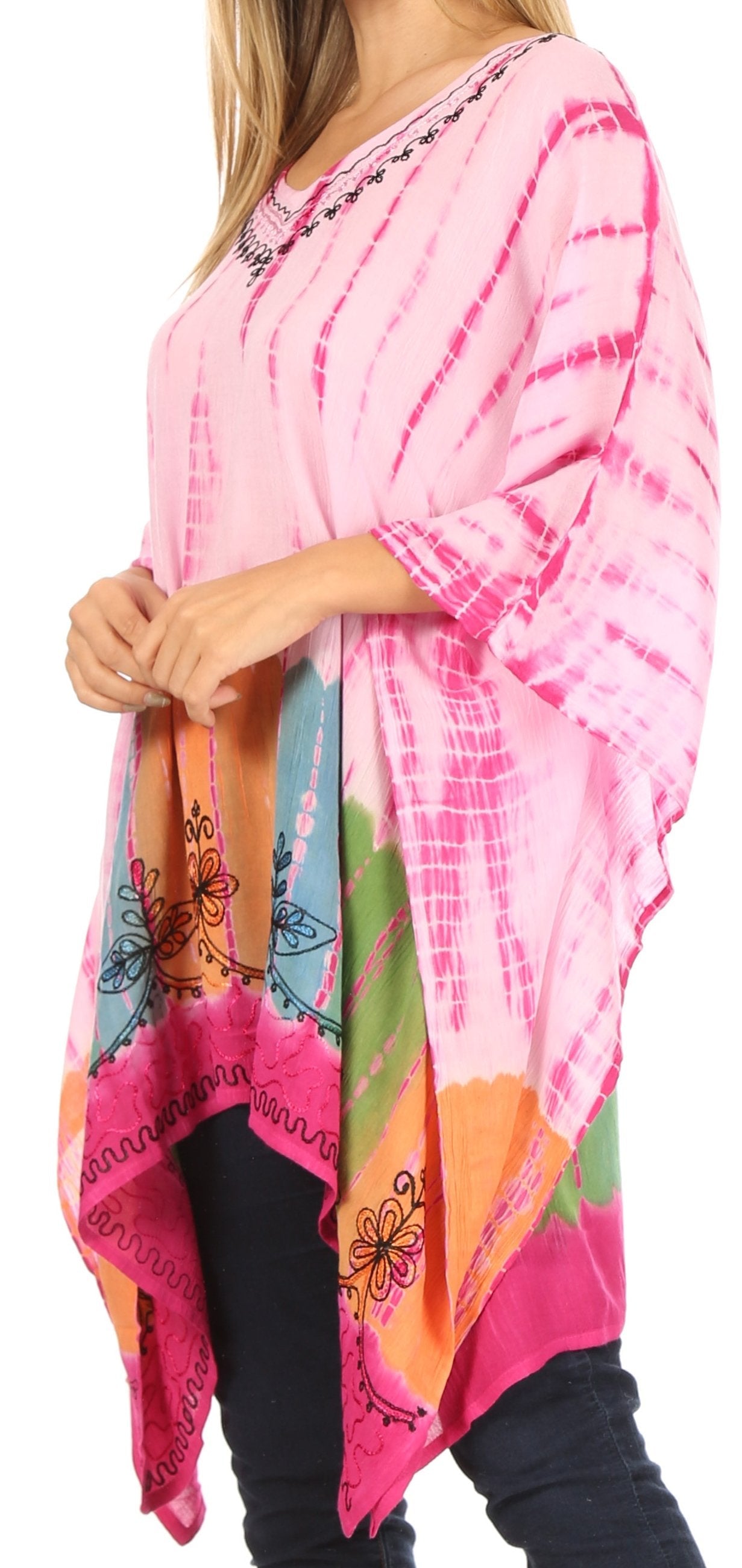 Sakkas Eliana Wide Long Tall Embroidered Tie Dye Ombre Batik Poncho Top Blouse - Concordia Style Boutique