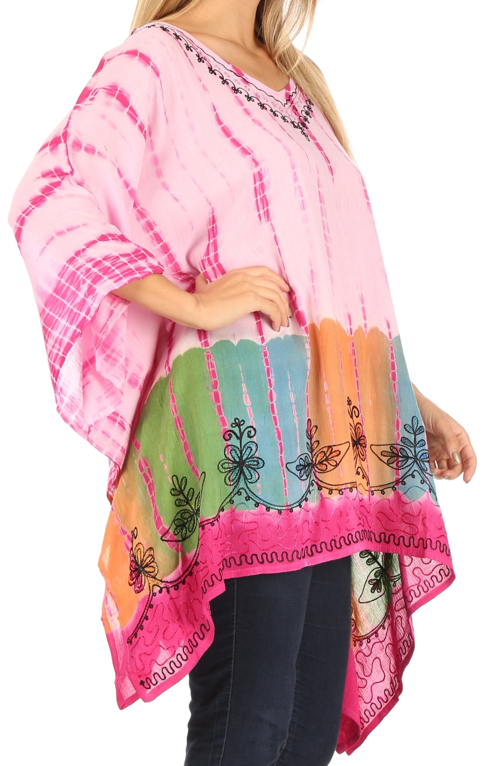 Sakkas Eliana Wide Long Tall Embroidered Tie Dye Ombre Batik Poncho Top Blouse - Concordia Style Boutique