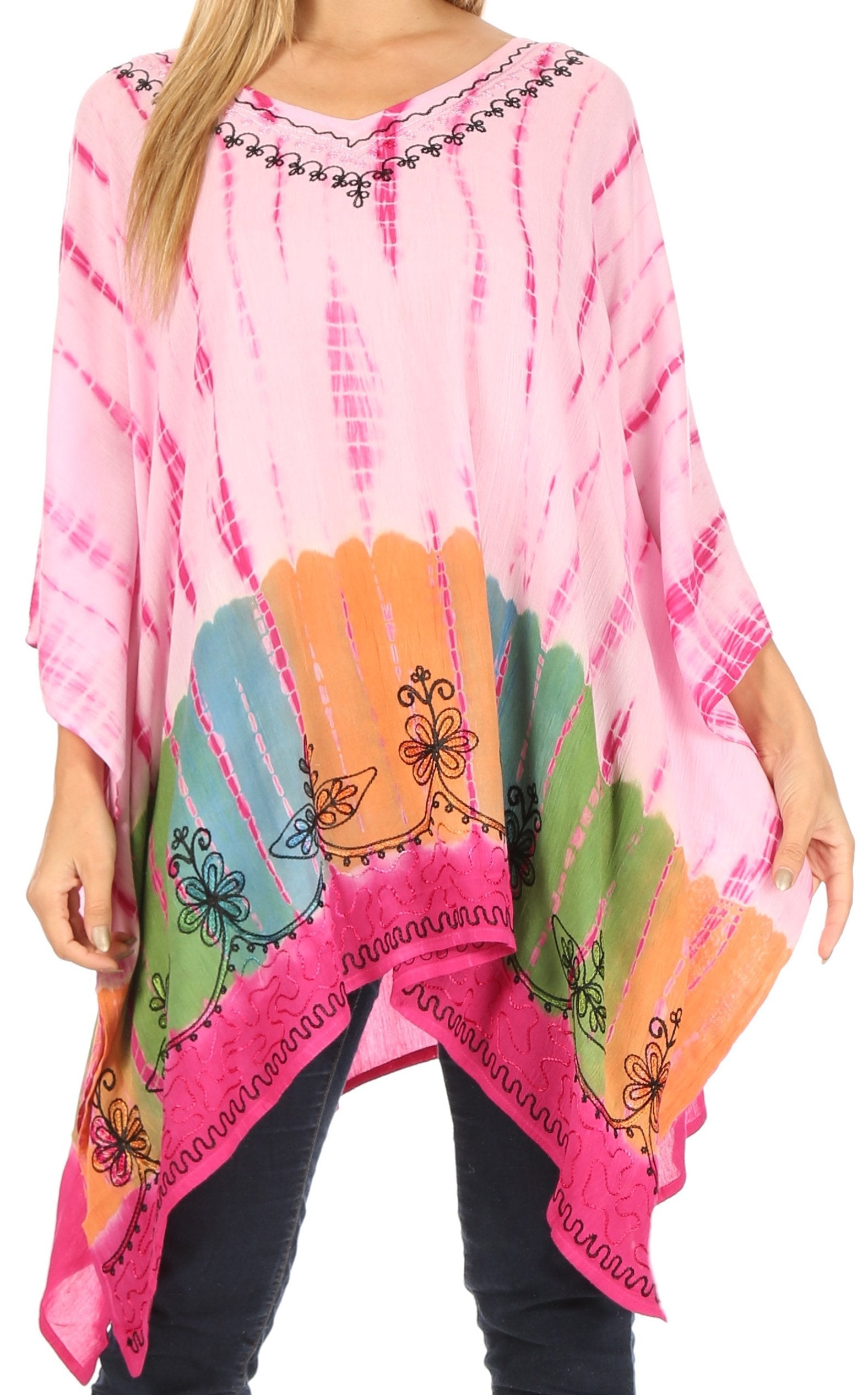 Sakkas Eliana Wide Long Tall Embroidered Tie Dye Ombre Batik Poncho Top Blouse - Concordia Style Boutique