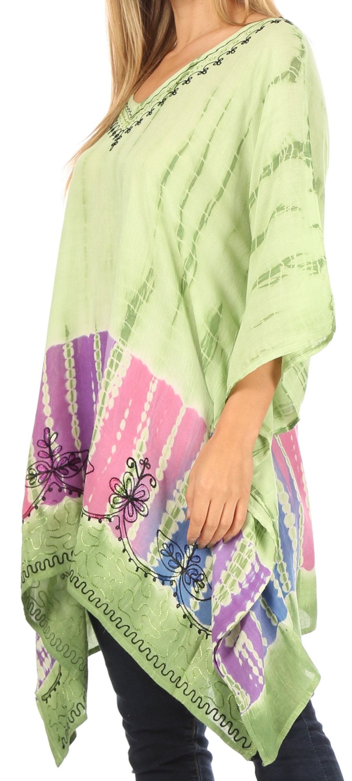 Sakkas Eliana Wide Long Tall Embroidered Tie Dye Ombre Batik Poncho Top Blouse - Concordia Style Boutique