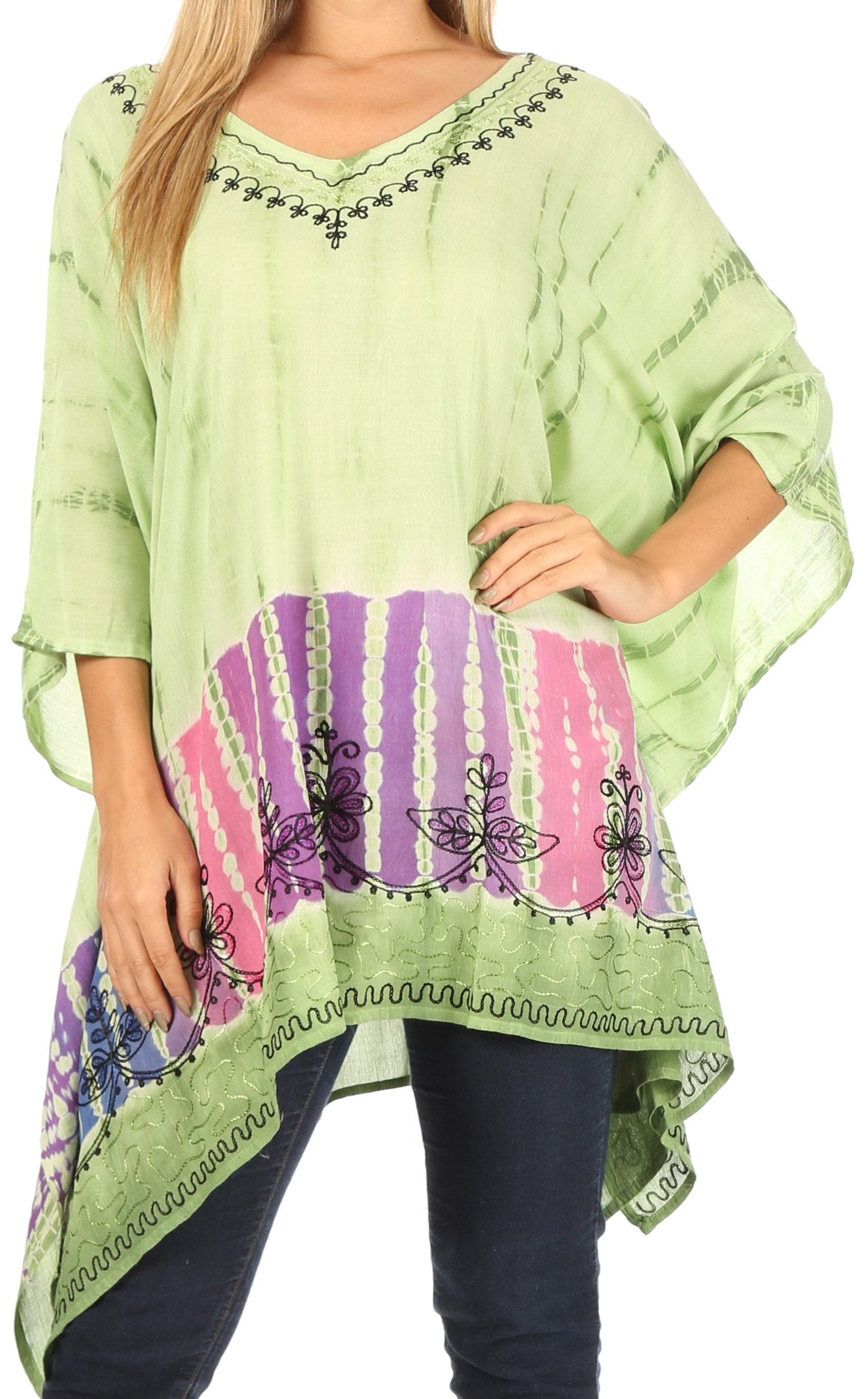 Sakkas Eliana Wide Long Tall Embroidered Tie Dye Ombre Batik Poncho Top Blouse - Concordia Style Boutique