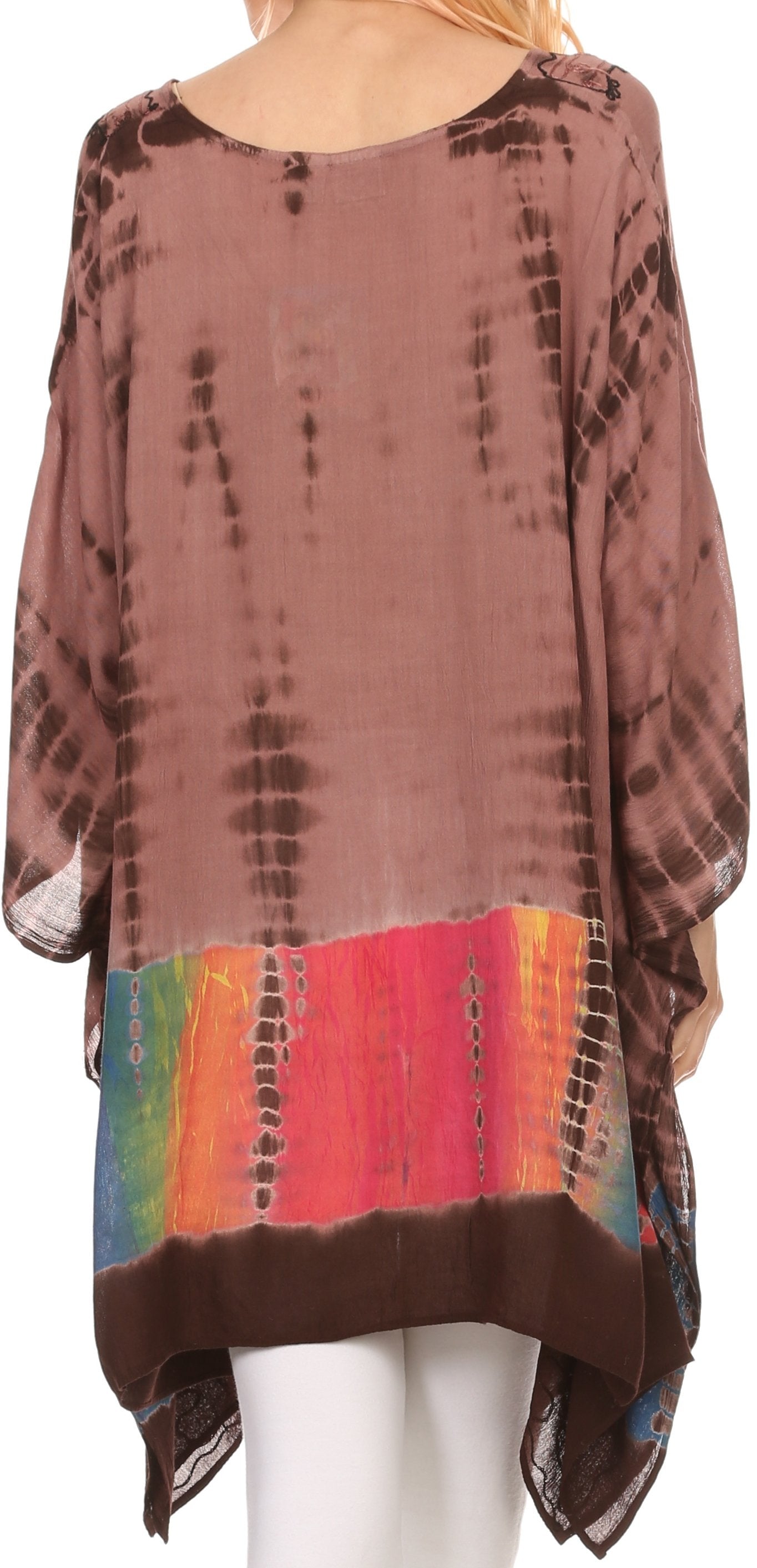 Sakkas Eliana Wide Long Tall Embroidered Tie Dye Ombre Batik Poncho Top Blouse - Concordia Style Boutique