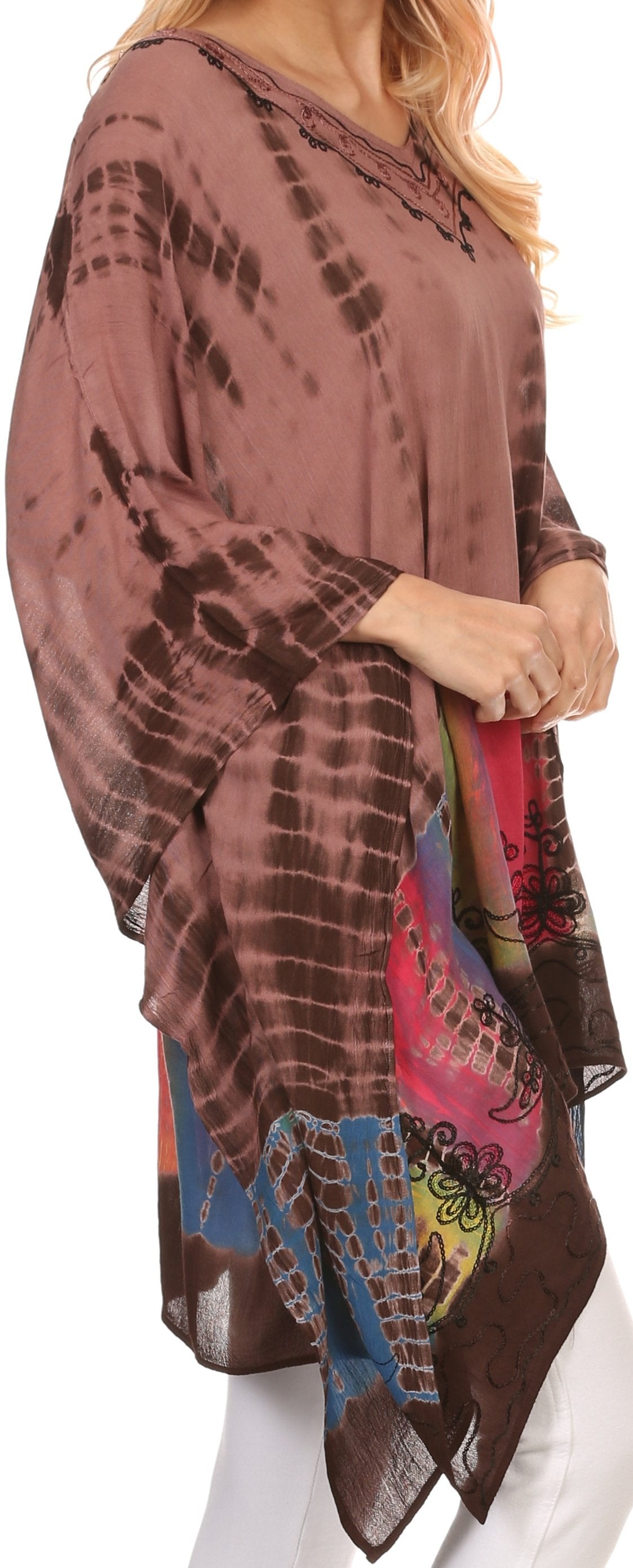 Sakkas Eliana Wide Long Tall Embroidered Tie Dye Ombre Batik Poncho Top Blouse - Concordia Style Boutique