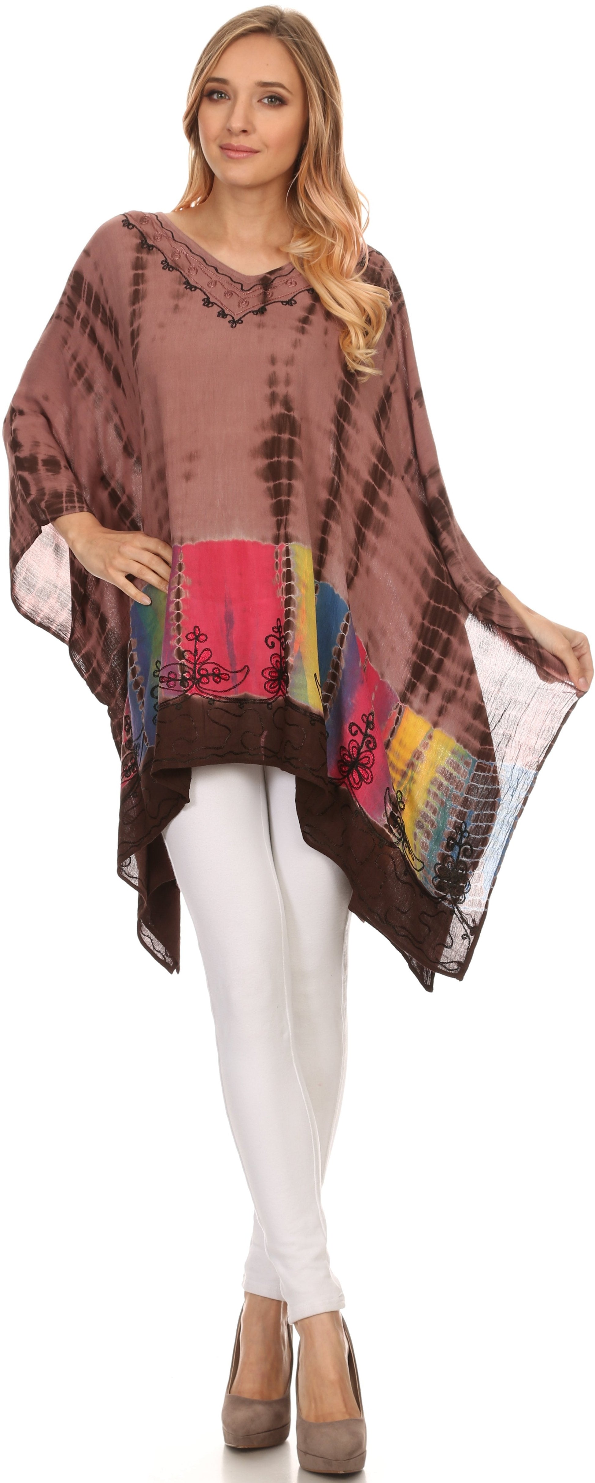 Sakkas Eliana Wide Long Tall Embroidered Tie Dye Ombre Batik Poncho Top Blouse - Concordia Style Boutique