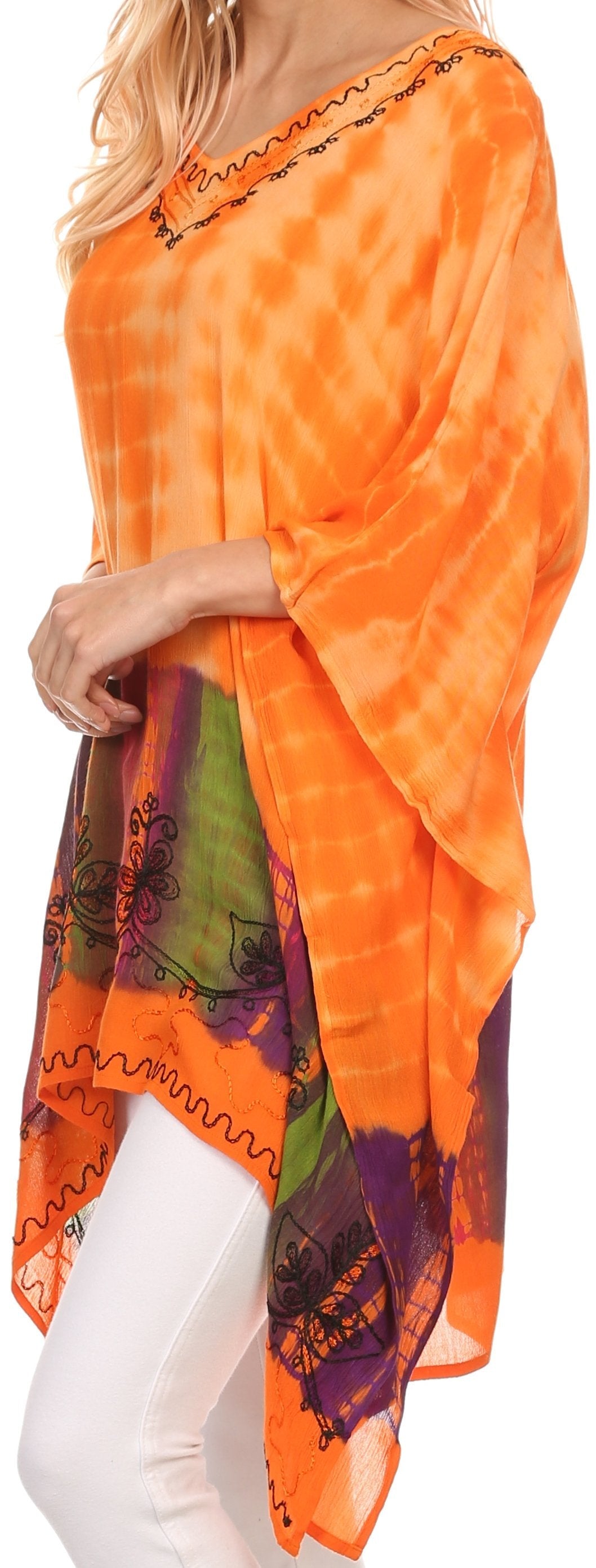 Sakkas Eliana Wide Long Tall Embroidered Tie Dye Ombre Batik Poncho Top Blouse - Concordia Style Boutique