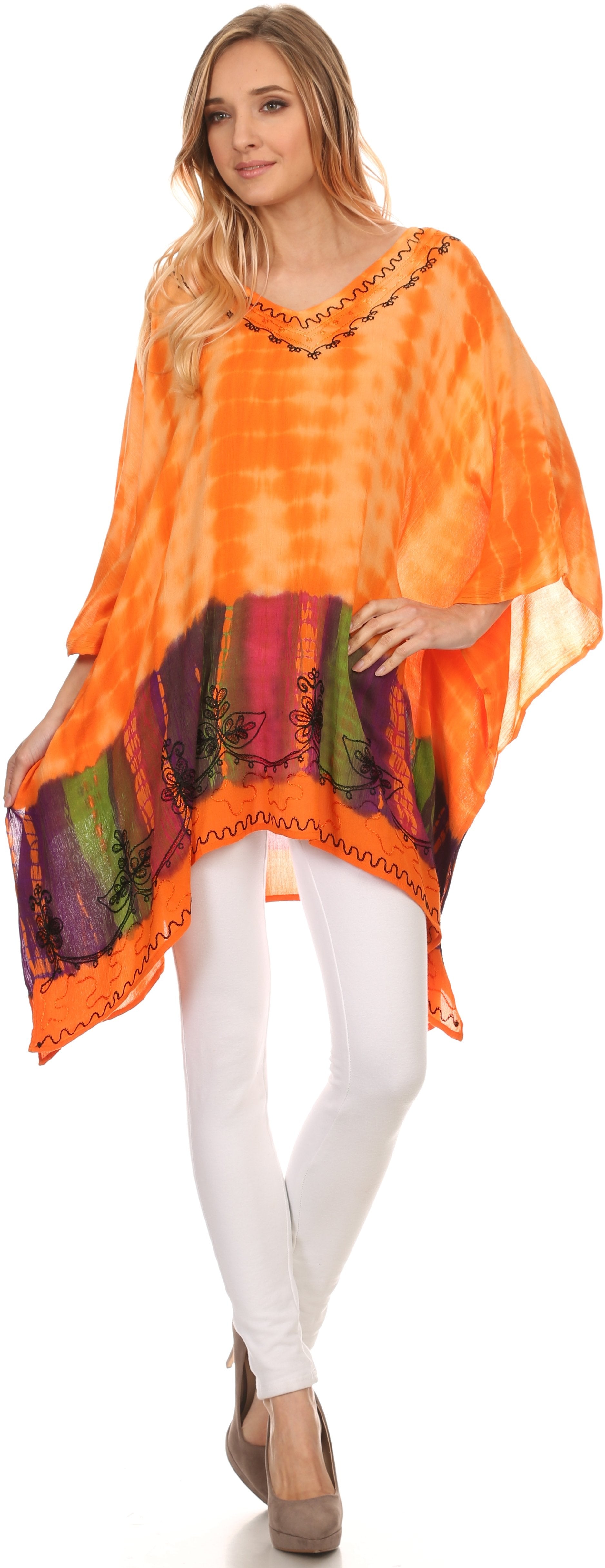 Sakkas Eliana Wide Long Tall Embroidered Tie Dye Ombre Batik Poncho Top Blouse - Concordia Style Boutique