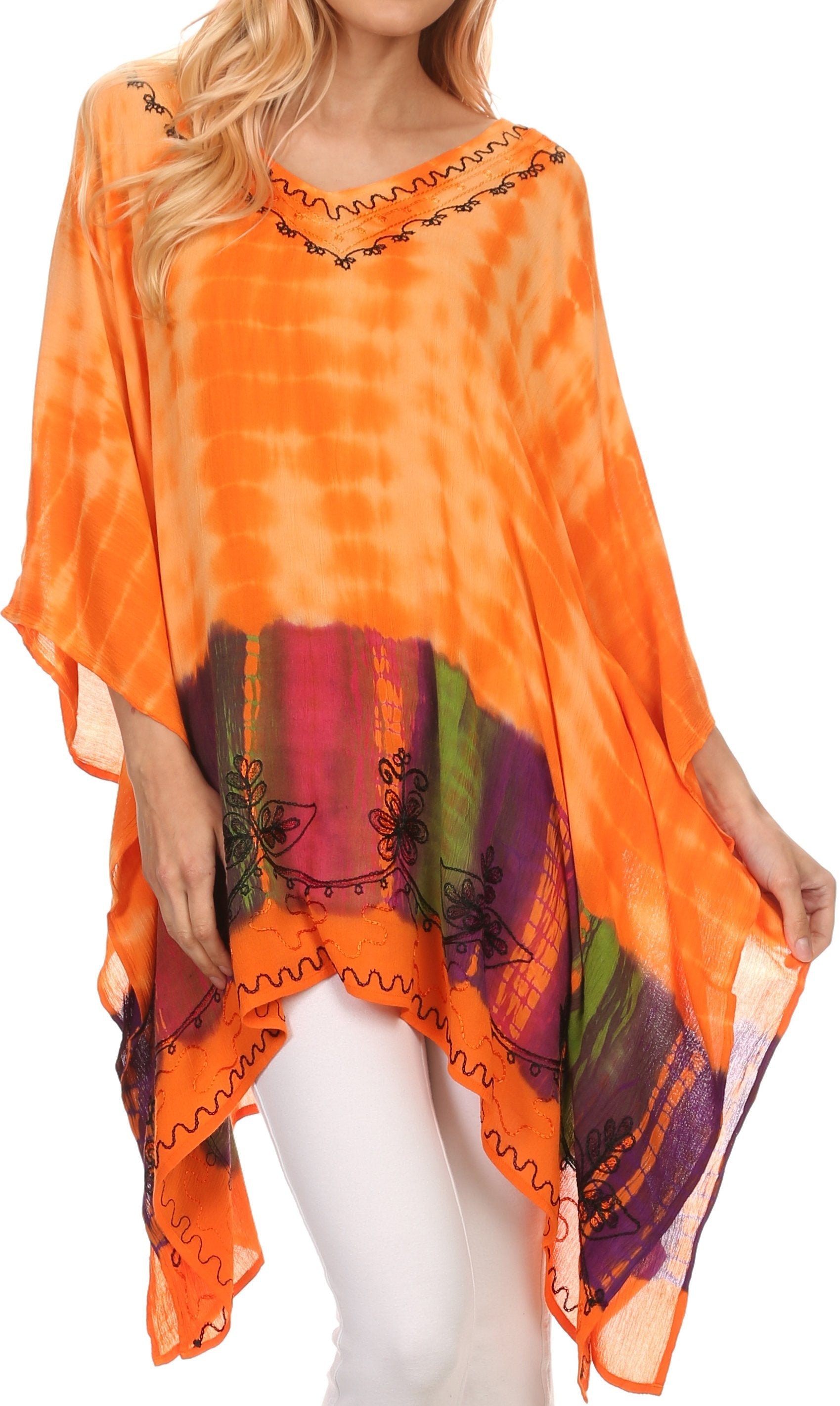 Sakkas Eliana Wide Long Tall Embroidered Tie Dye Ombre Batik Poncho Top Blouse - Concordia Style Boutique