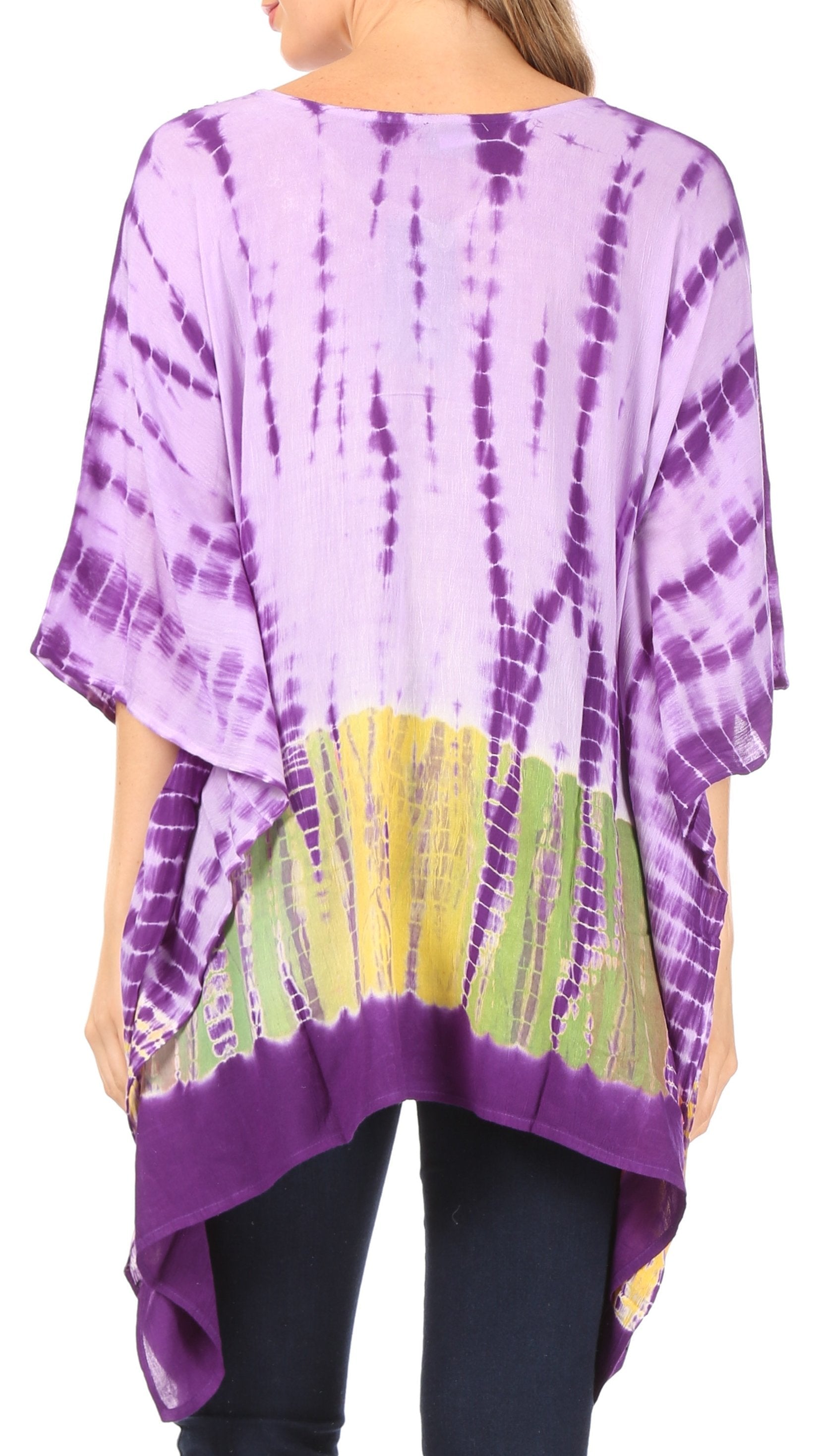 Sakkas Eliana Wide Long Tall Embroidered Tie Dye Ombre Batik Poncho Top Blouse - Concordia Style Boutique