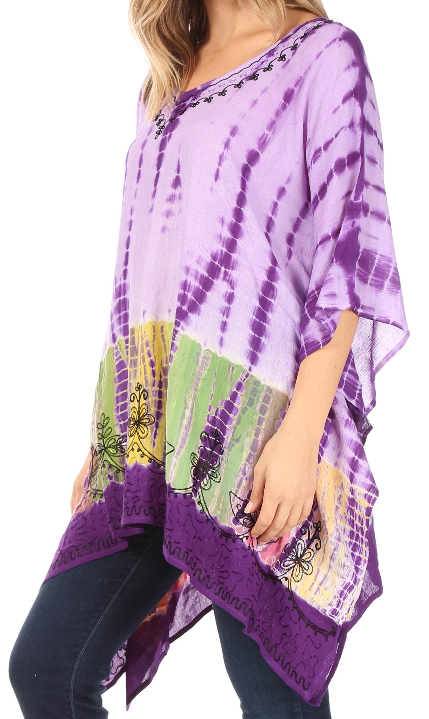 Sakkas Eliana Wide Long Tall Embroidered Tie Dye Ombre Batik Poncho Top Blouse - Concordia Style Boutique