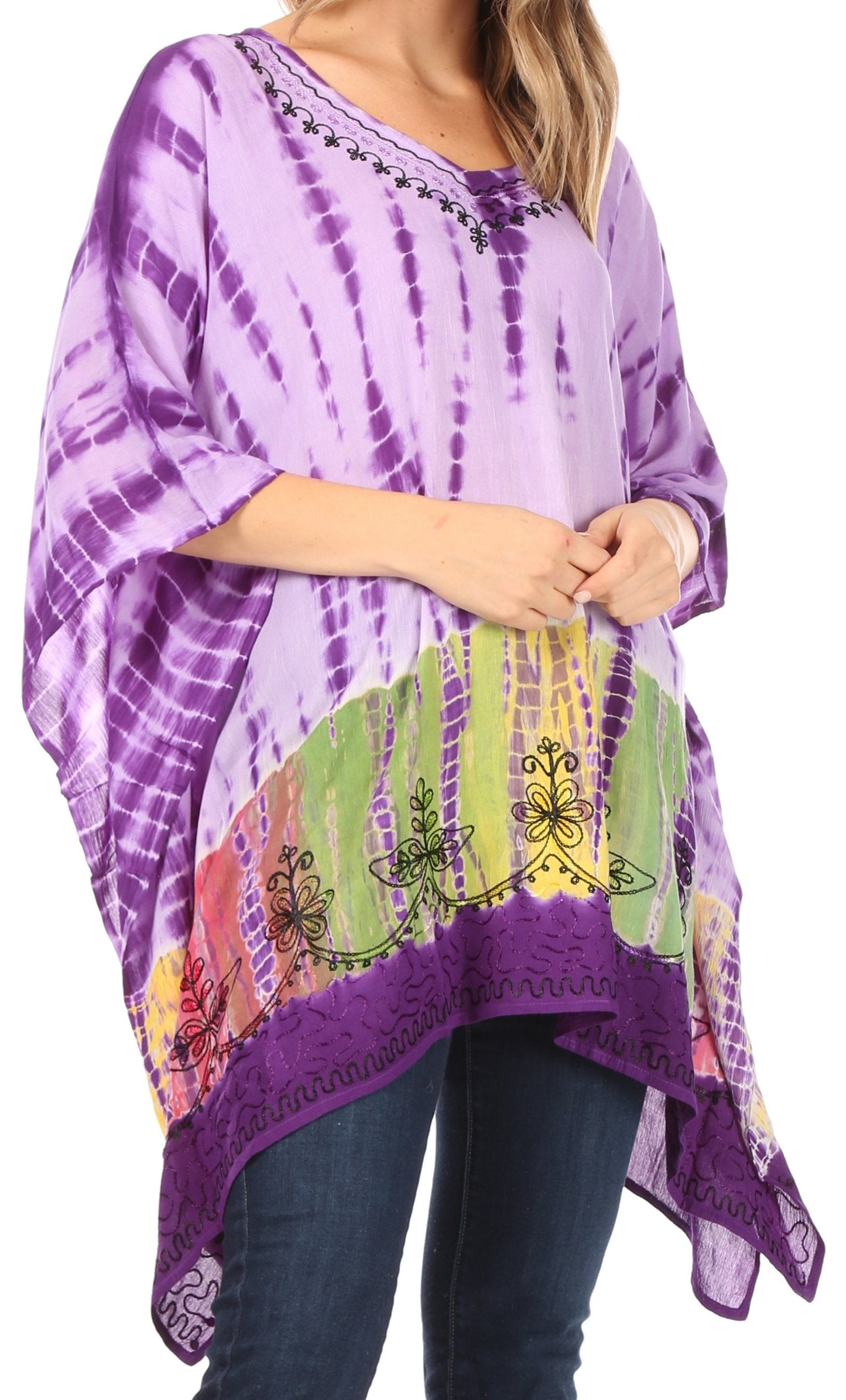 Sakkas Eliana Wide Long Tall Embroidered Tie Dye Ombre Batik Poncho Top Blouse - Concordia Style Boutique