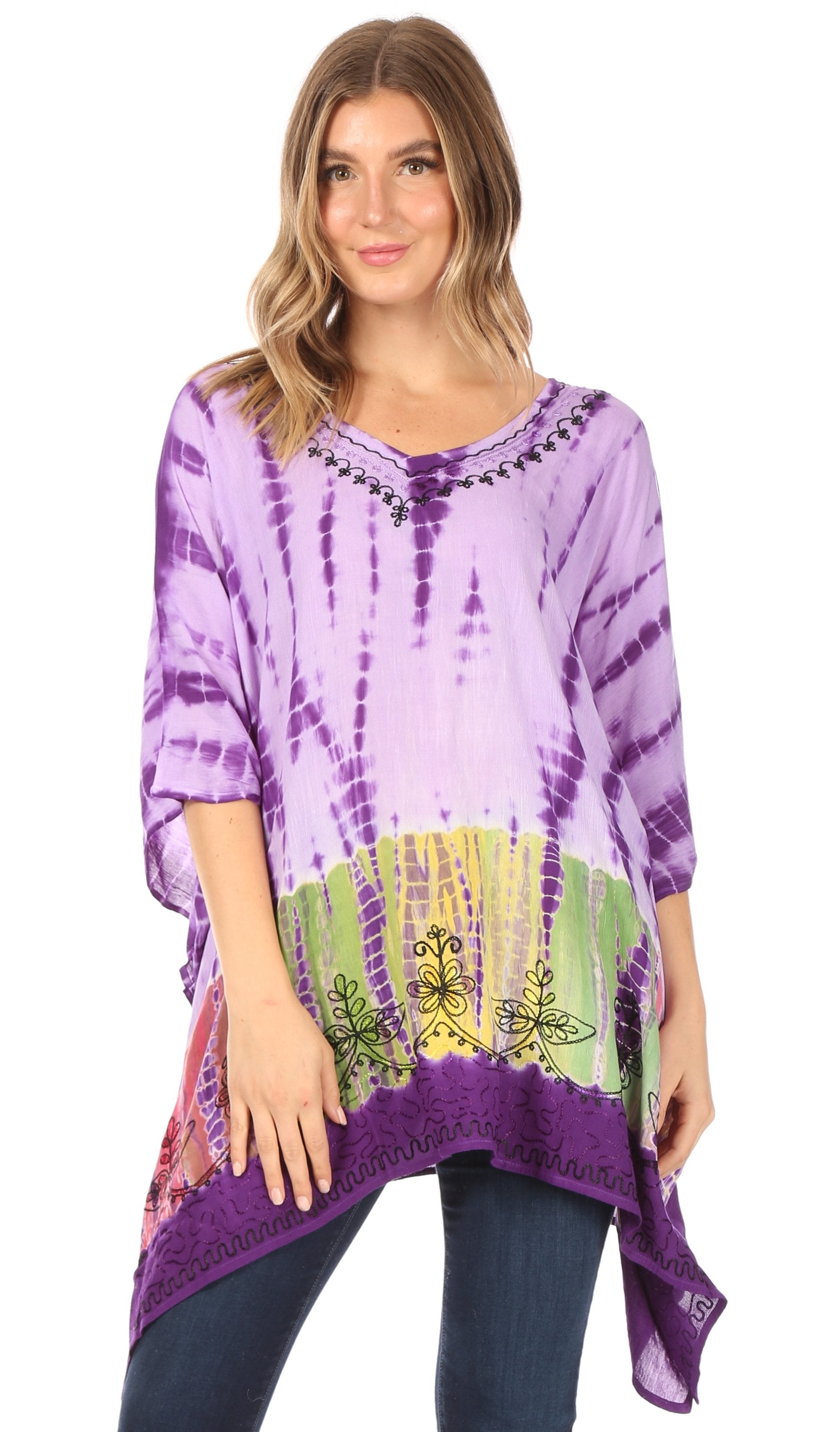 Sakkas Eliana Wide Long Tall Embroidered Tie Dye Ombre Batik Poncho Top Blouse - Concordia Style Boutique