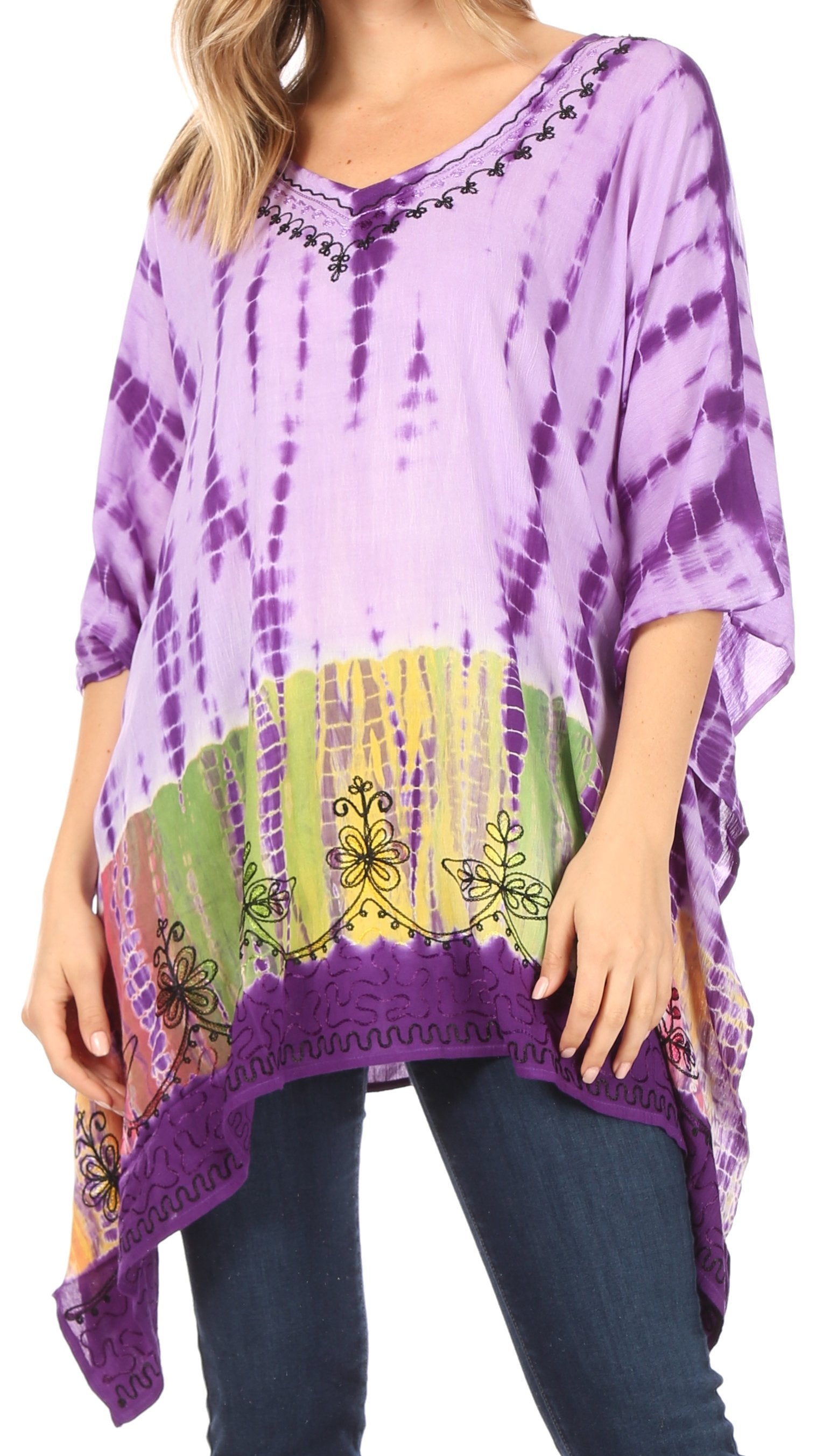 Sakkas Eliana Wide Long Tall Embroidered Tie Dye Ombre Batik Poncho Top Blouse - Concordia Style Boutique
