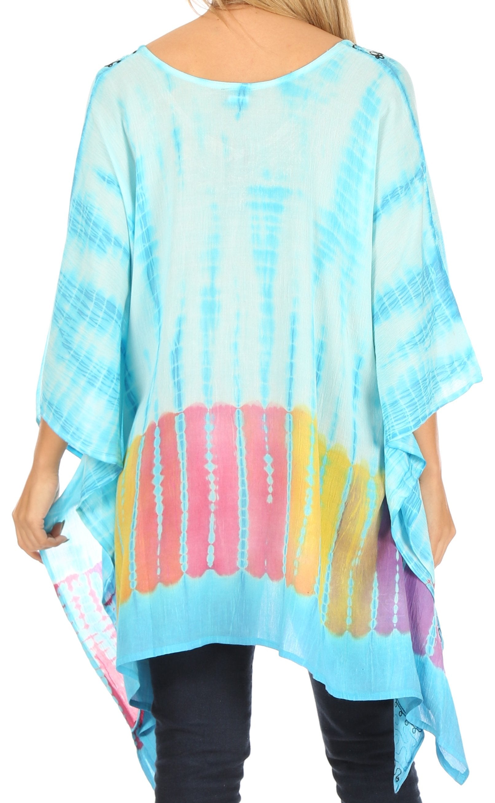 Sakkas Eliana Wide Long Tall Embroidered Tie Dye Ombre Batik Poncho Top Blouse - Concordia Style Boutique