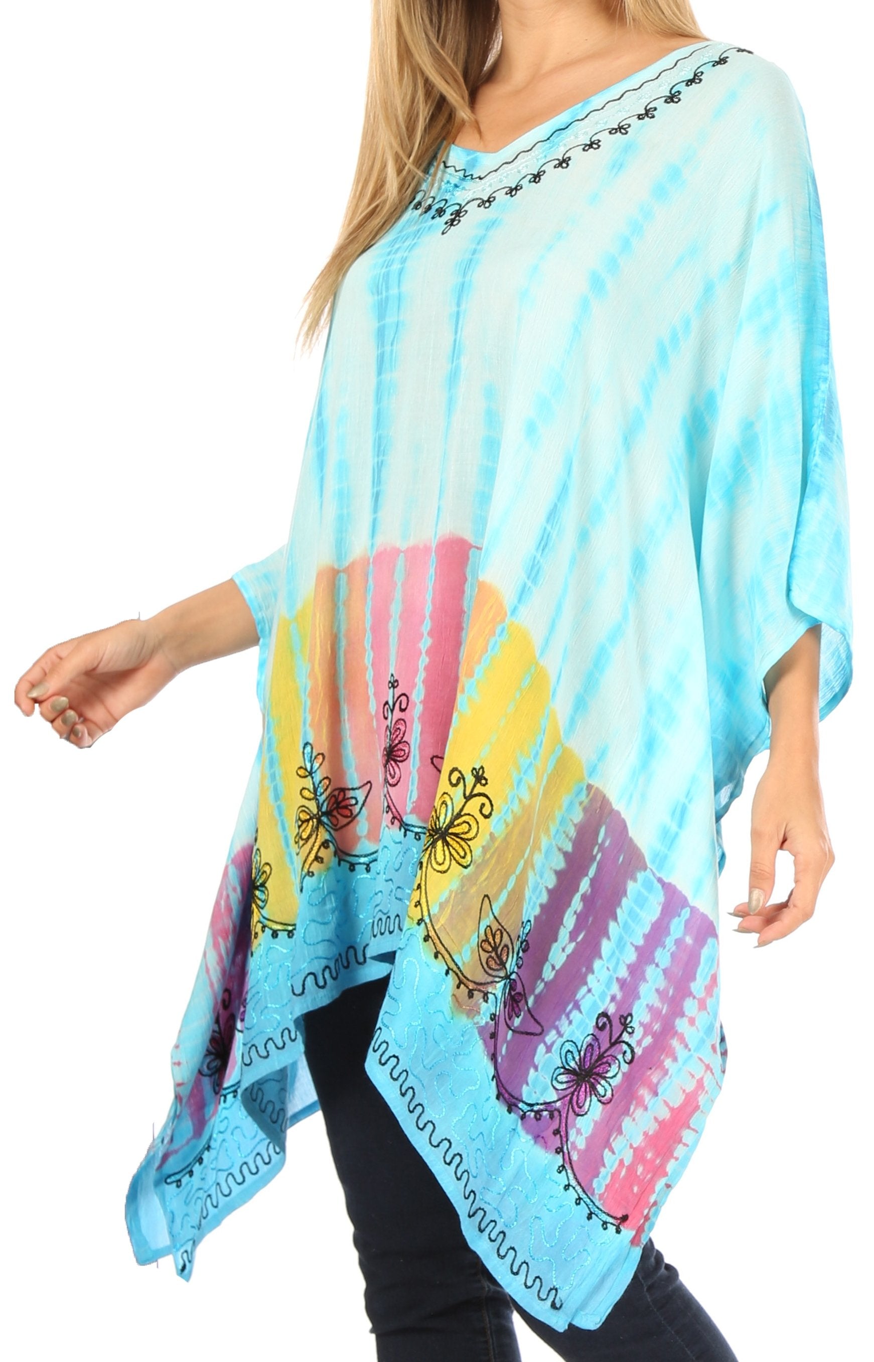 Sakkas Eliana Wide Long Tall Embroidered Tie Dye Ombre Batik Poncho Top Blouse - Concordia Style Boutique