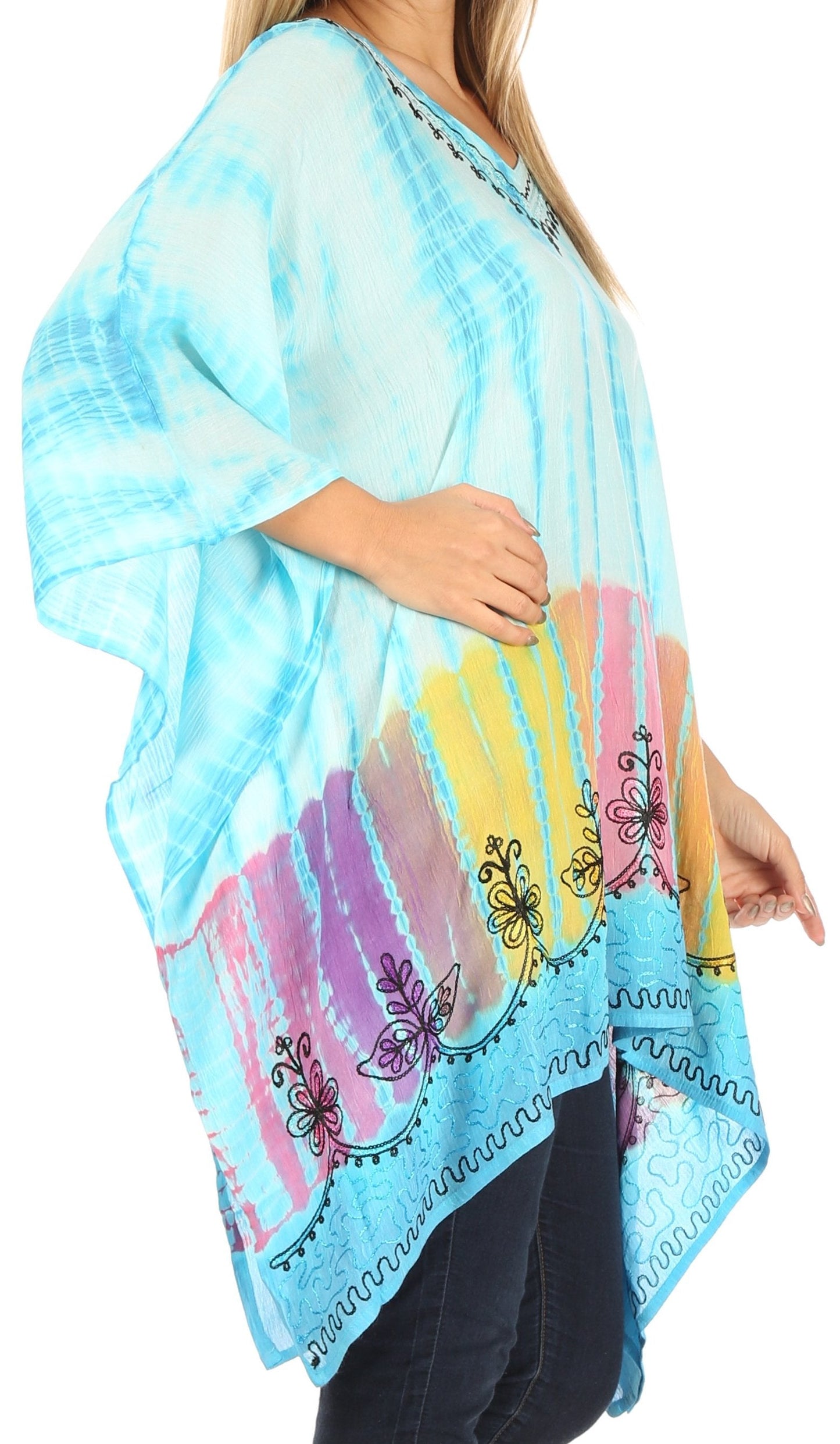 Sakkas Eliana Wide Long Tall Embroidered Tie Dye Ombre Batik Poncho Top Blouse - Concordia Style Boutique