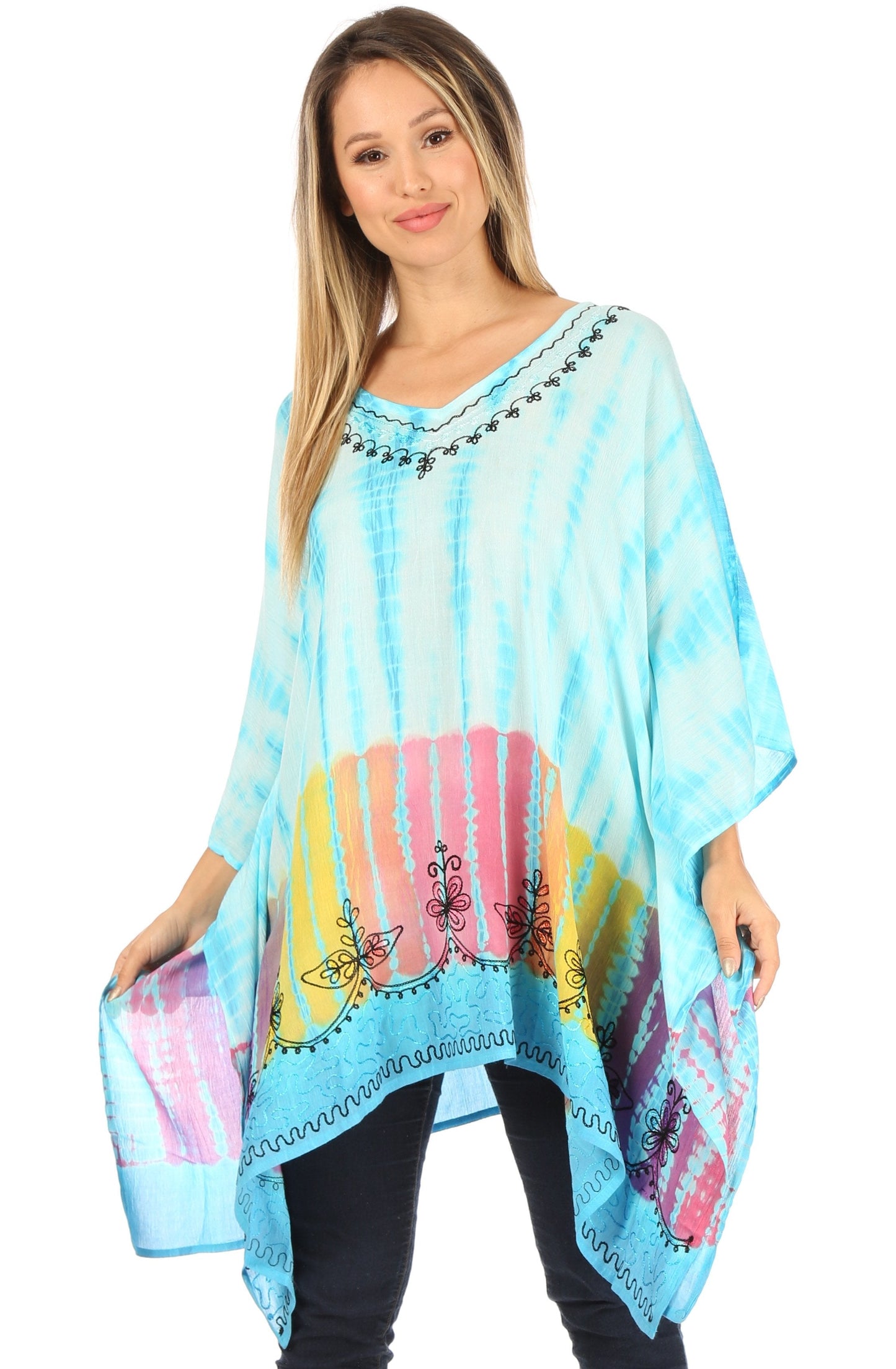 Sakkas Eliana Wide Long Tall Embroidered Tie Dye Ombre Batik Poncho Top Blouse - Concordia Style Boutique