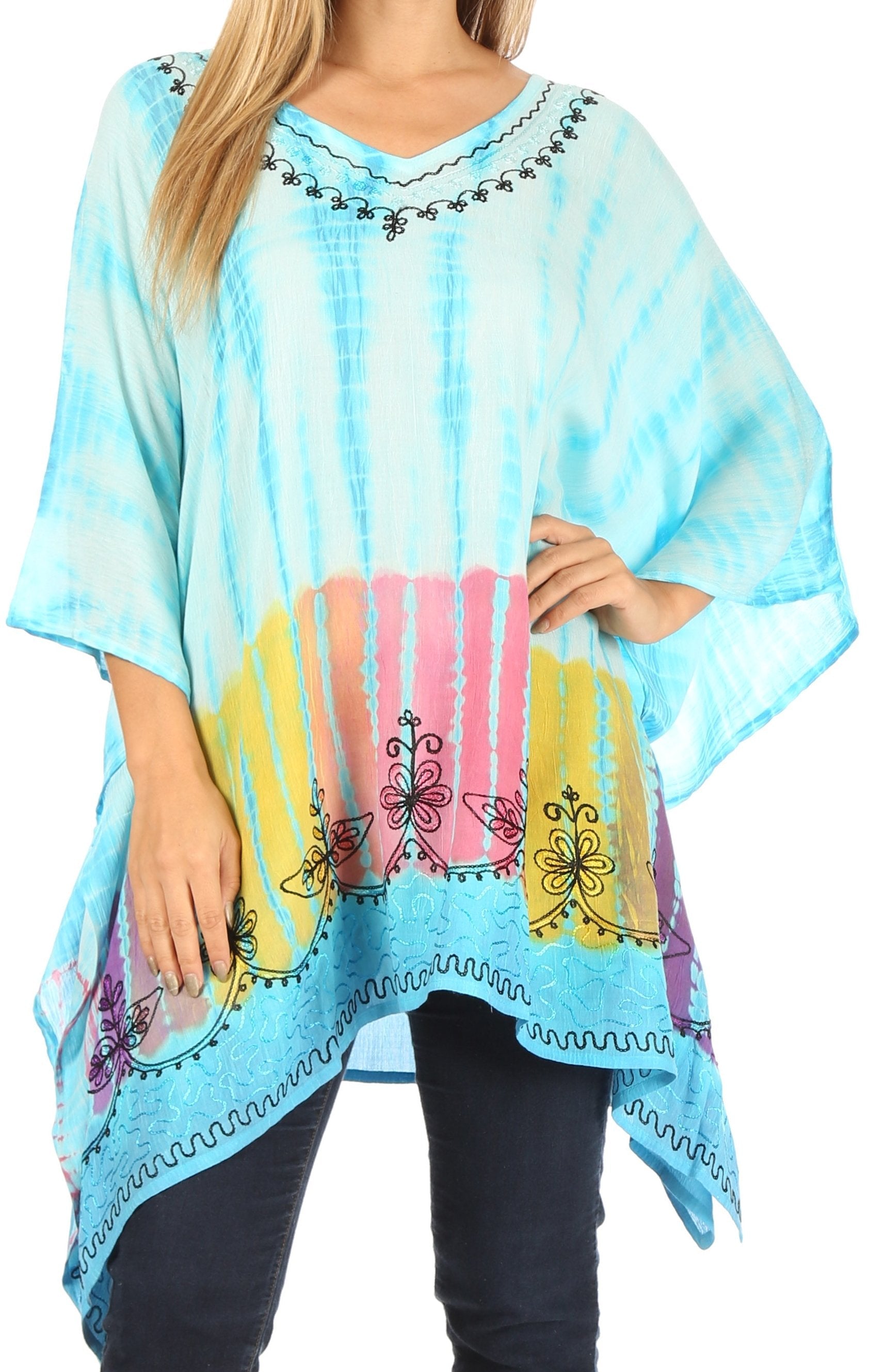 Sakkas Eliana Wide Long Tall Embroidered Tie Dye Ombre Batik Poncho Top Blouse - Concordia Style Boutique