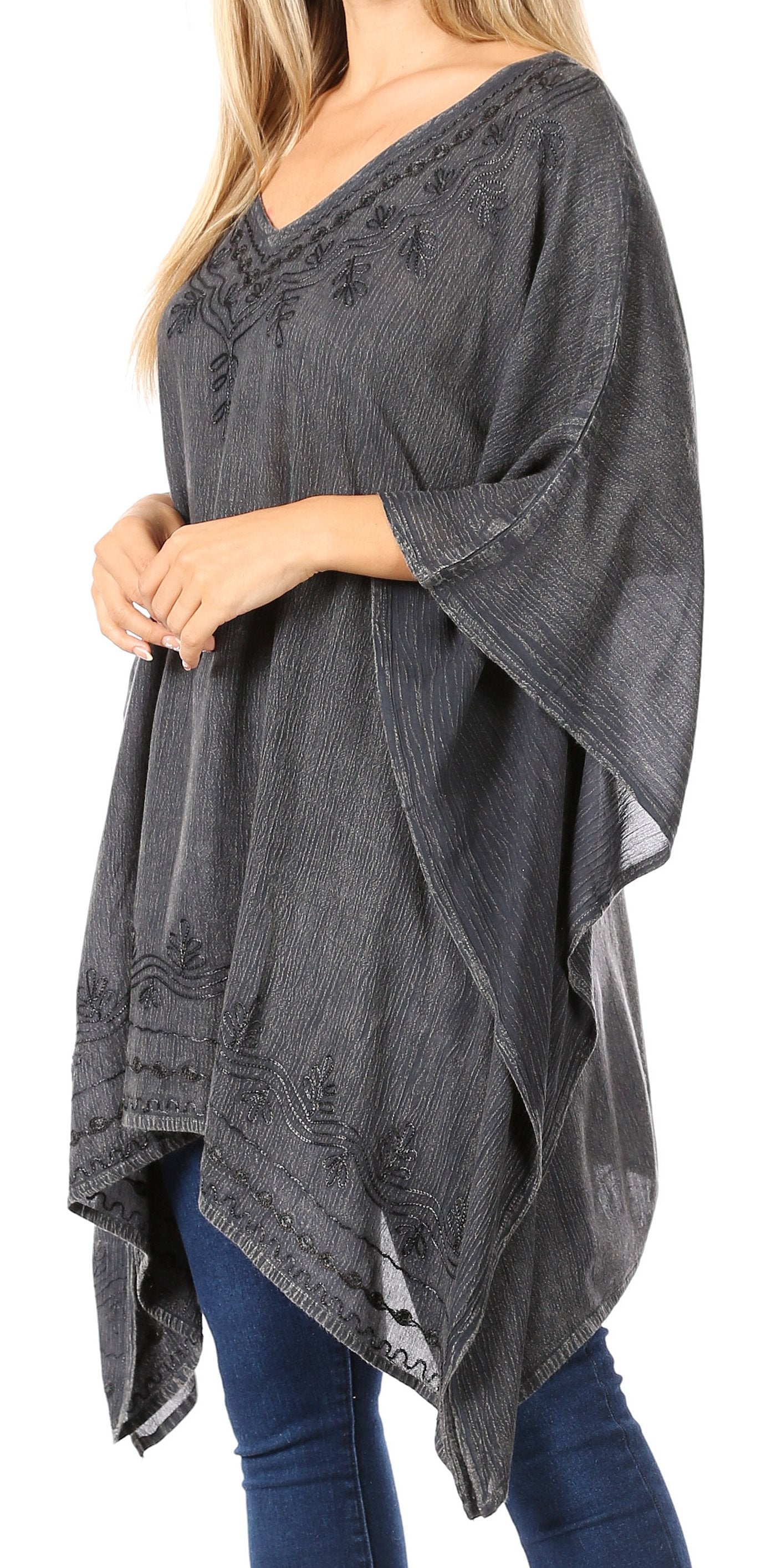 Sakkas Wren Lightweight Circle Poncho Top Blouse With Detailed Embroidery - Concordia Style Boutique