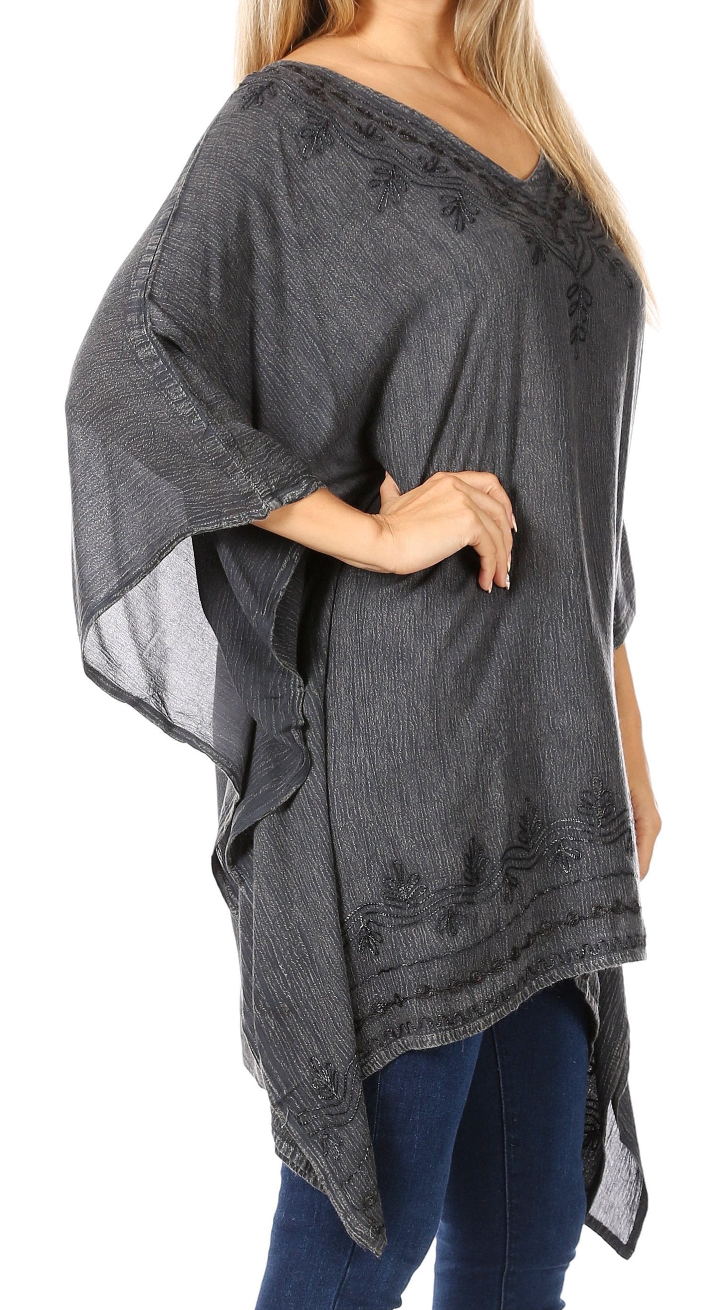 Sakkas Wren Lightweight Circle Poncho Top Blouse With Detailed Embroidery - Concordia Style Boutique