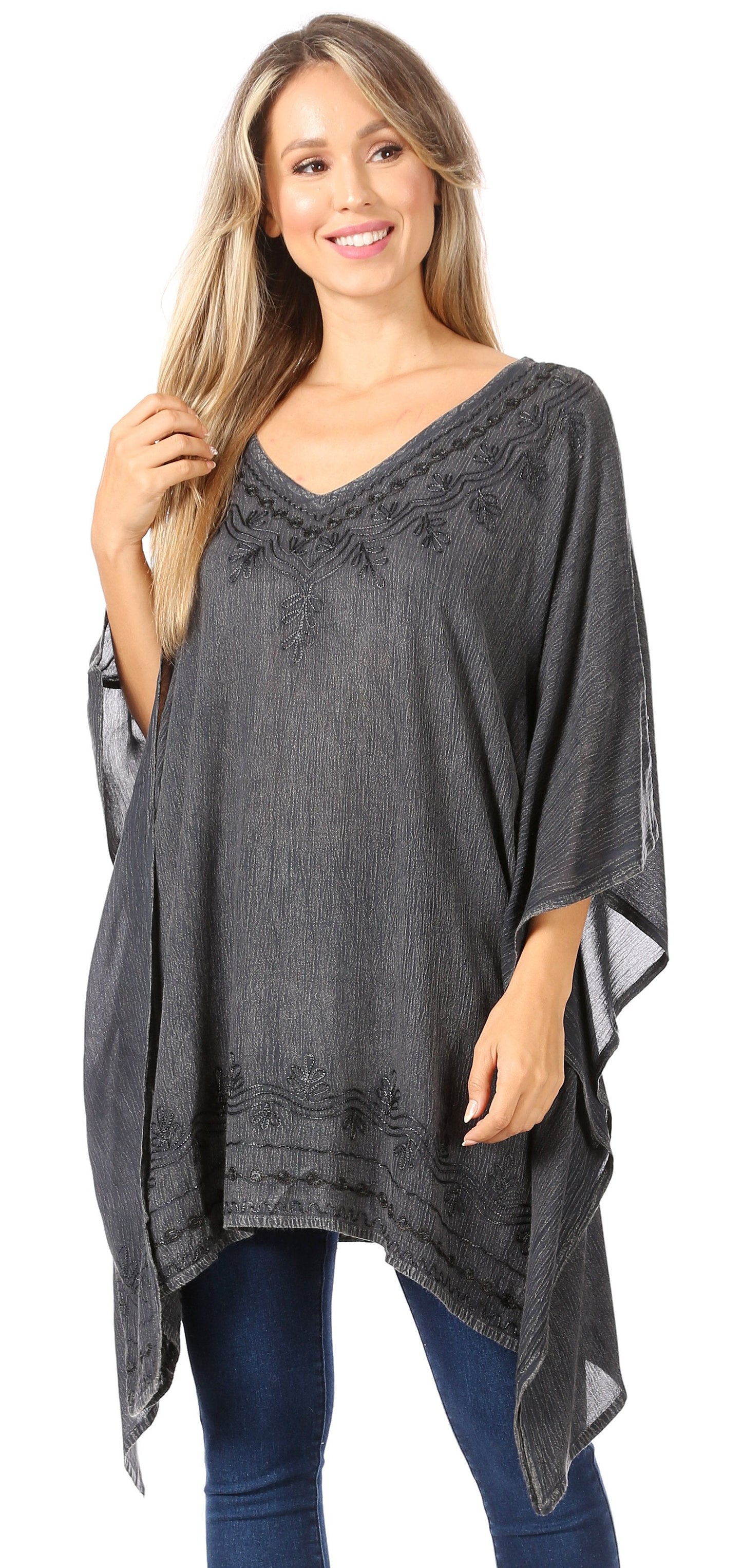 Sakkas Wren Lightweight Circle Poncho Top Blouse With Detailed Embroidery - Concordia Style Boutique