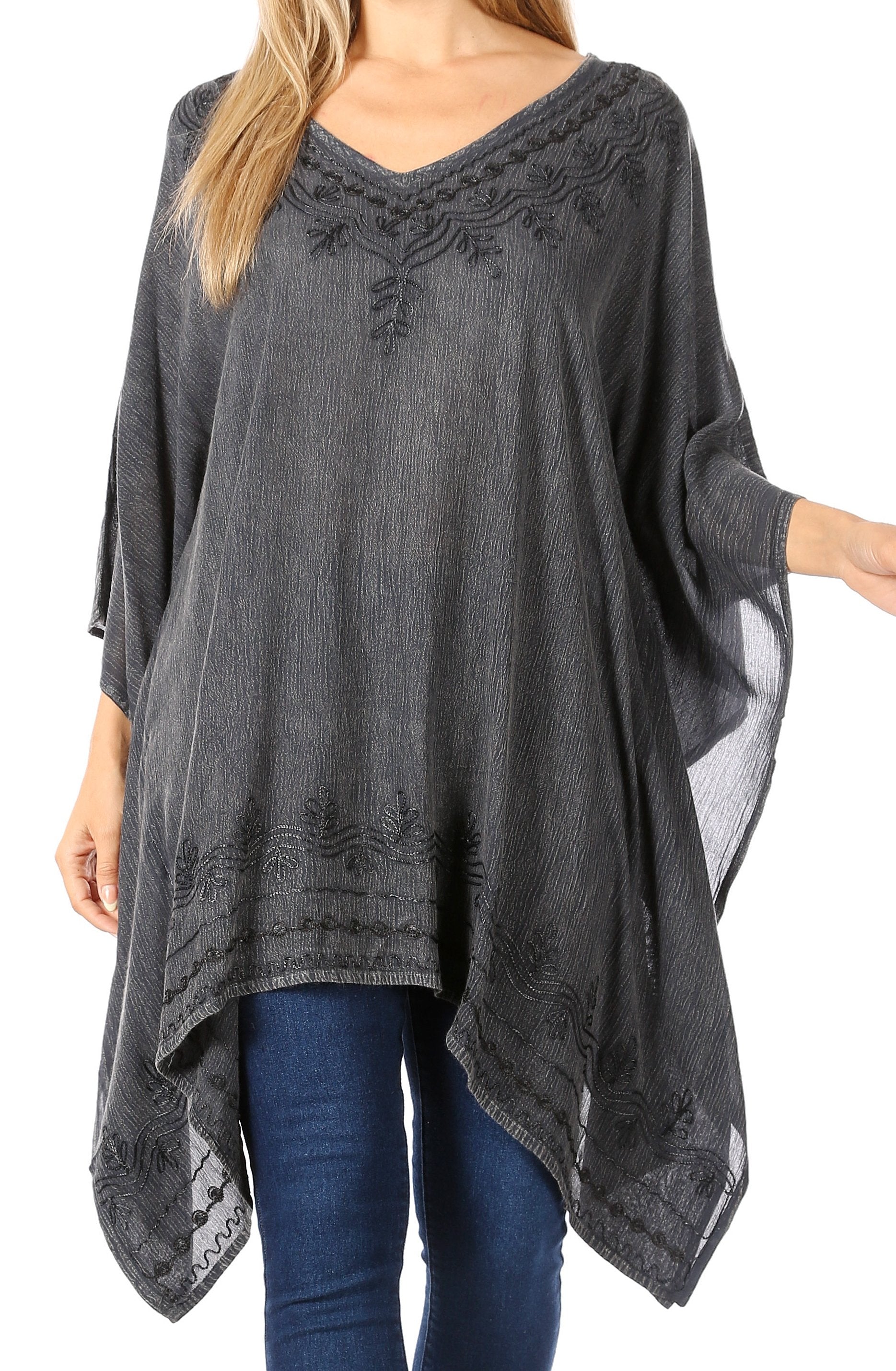Sakkas Wren Lightweight Circle Poncho Top Blouse With Detailed Embroidery - Concordia Style Boutique