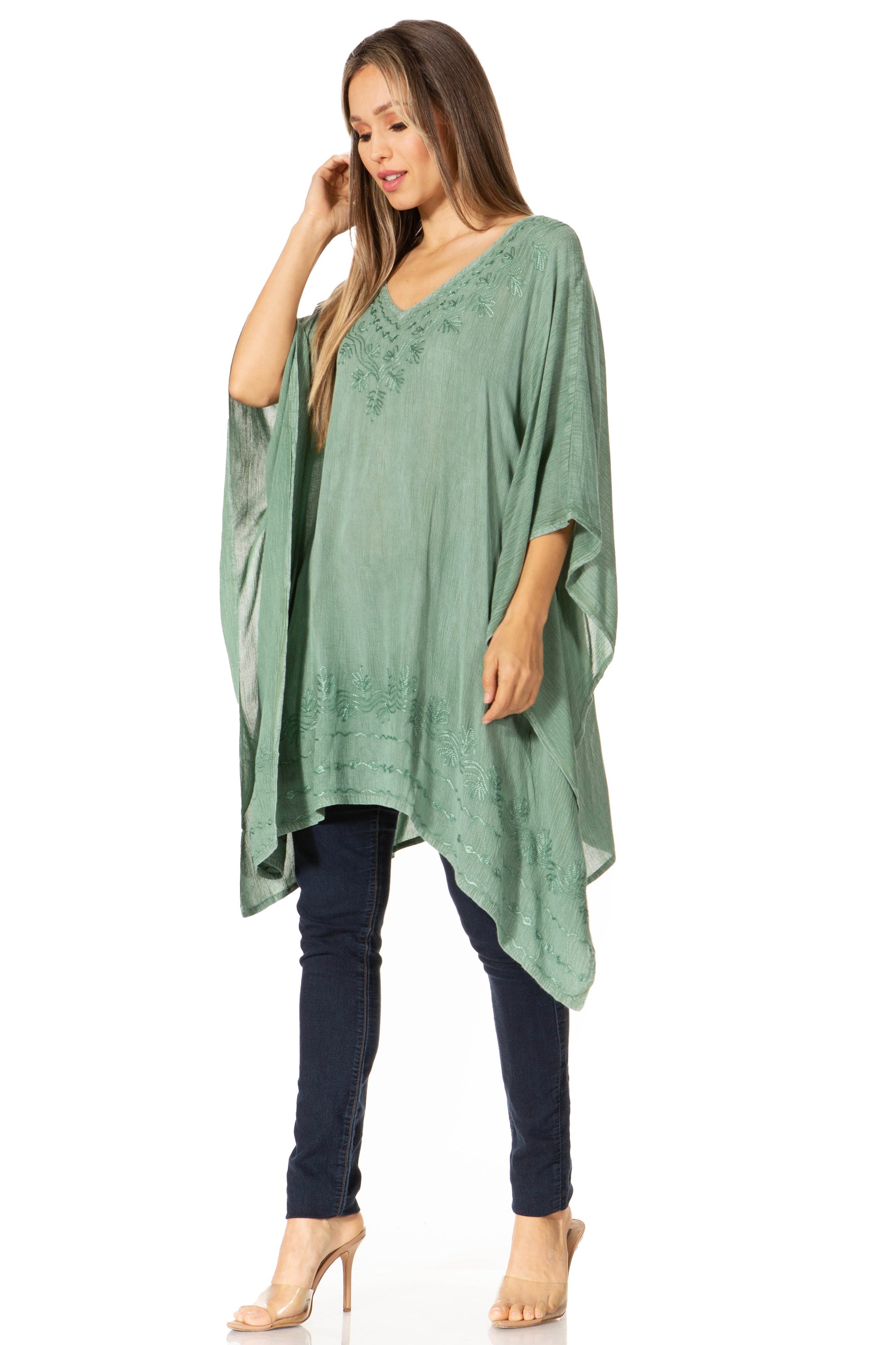 Sakkas Wren Lightweight Circle Poncho Top Blouse With Detailed Embroidery - Concordia Style Boutique