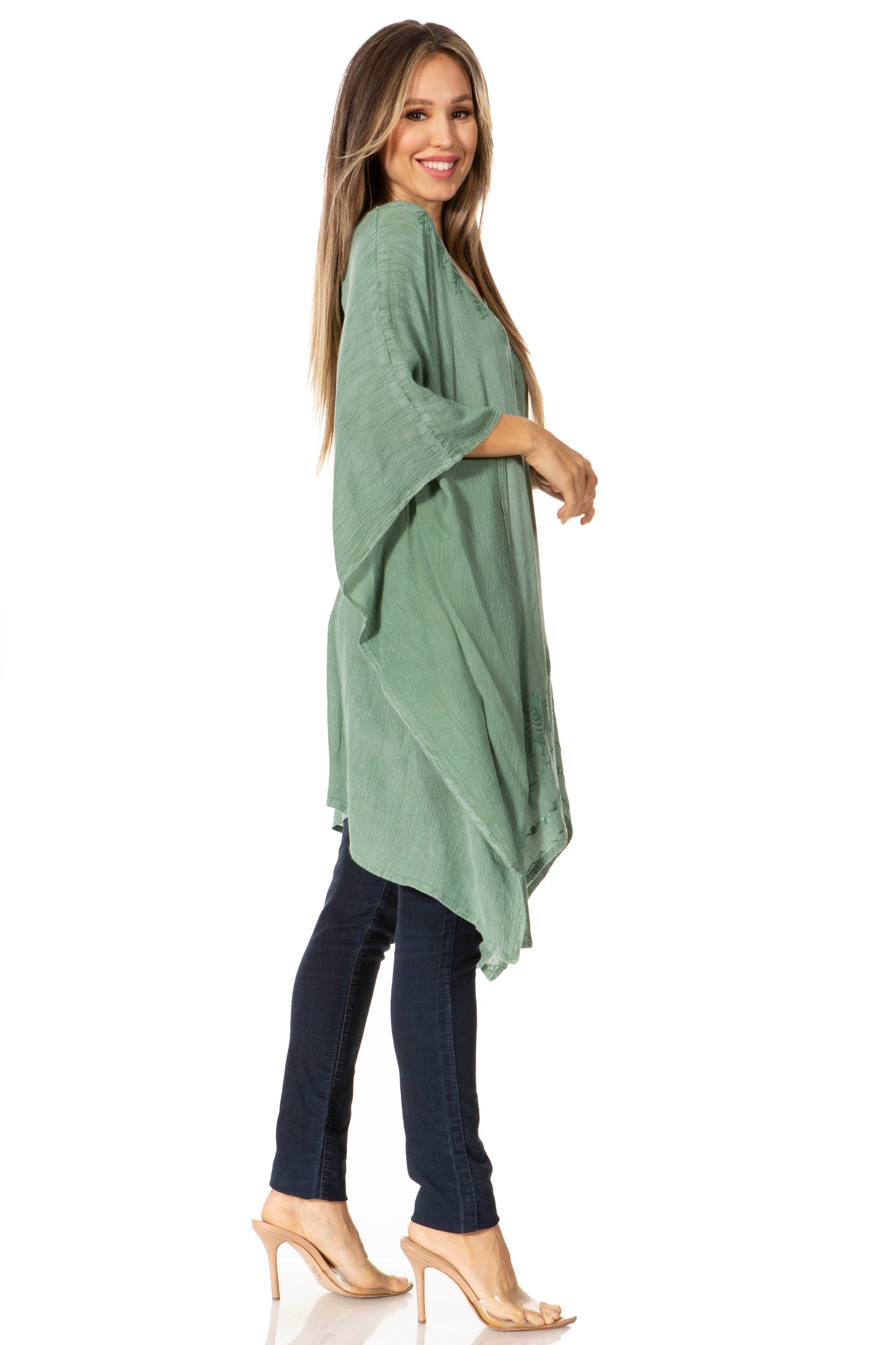 Sakkas Wren Lightweight Circle Poncho Top Blouse With Detailed Embroidery - Concordia Style Boutique