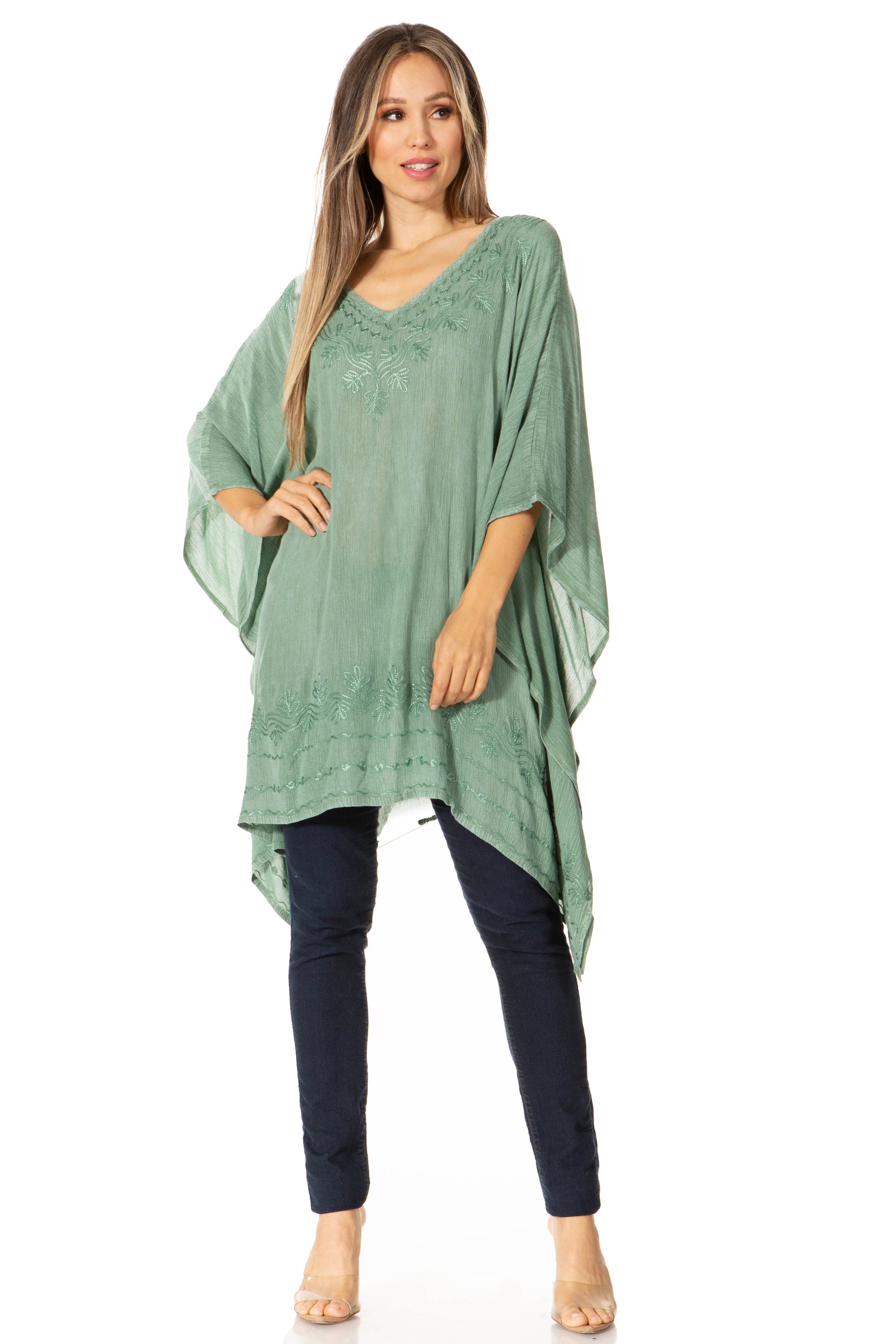 Sakkas Wren Lightweight Circle Poncho Top Blouse With Detailed Embroidery - Concordia Style Boutique