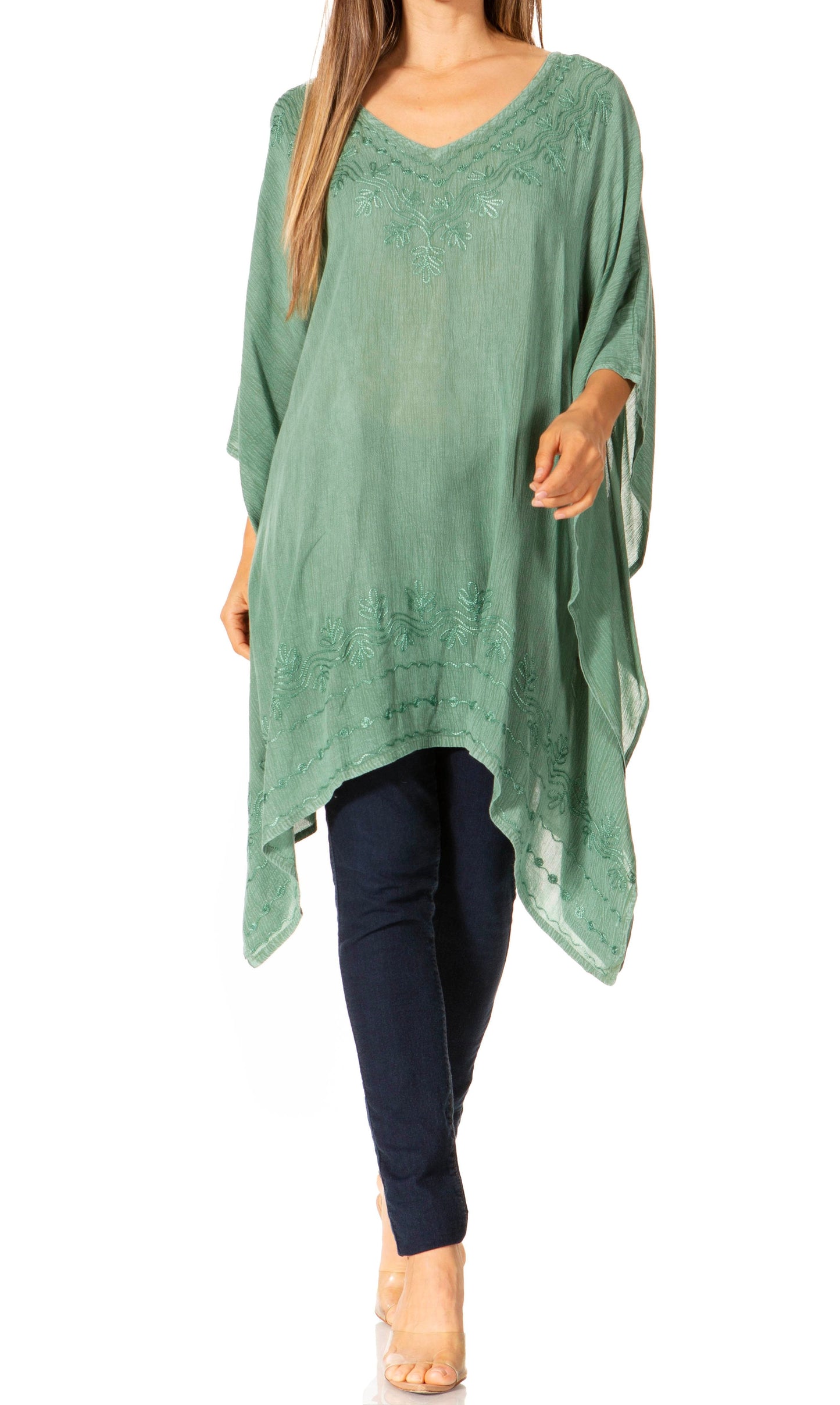 Sakkas Wren Lightweight Circle Poncho Top Blouse With Detailed Embroidery - Concordia Style Boutique