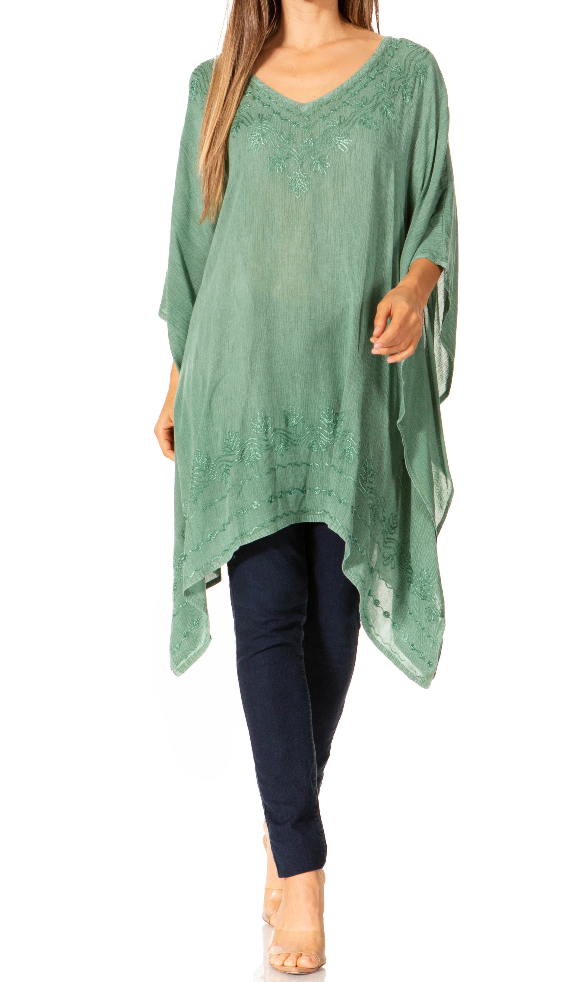 Sakkas Wren Lightweight Circle Poncho Top Blouse With Detailed Embroidery - Concordia Style Boutique