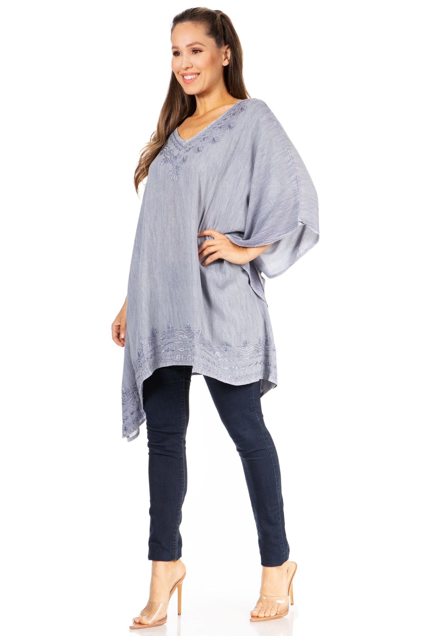 Sakkas Wren Lightweight Circle Poncho Top Blouse With Detailed Embroidery - Concordia Style Boutique