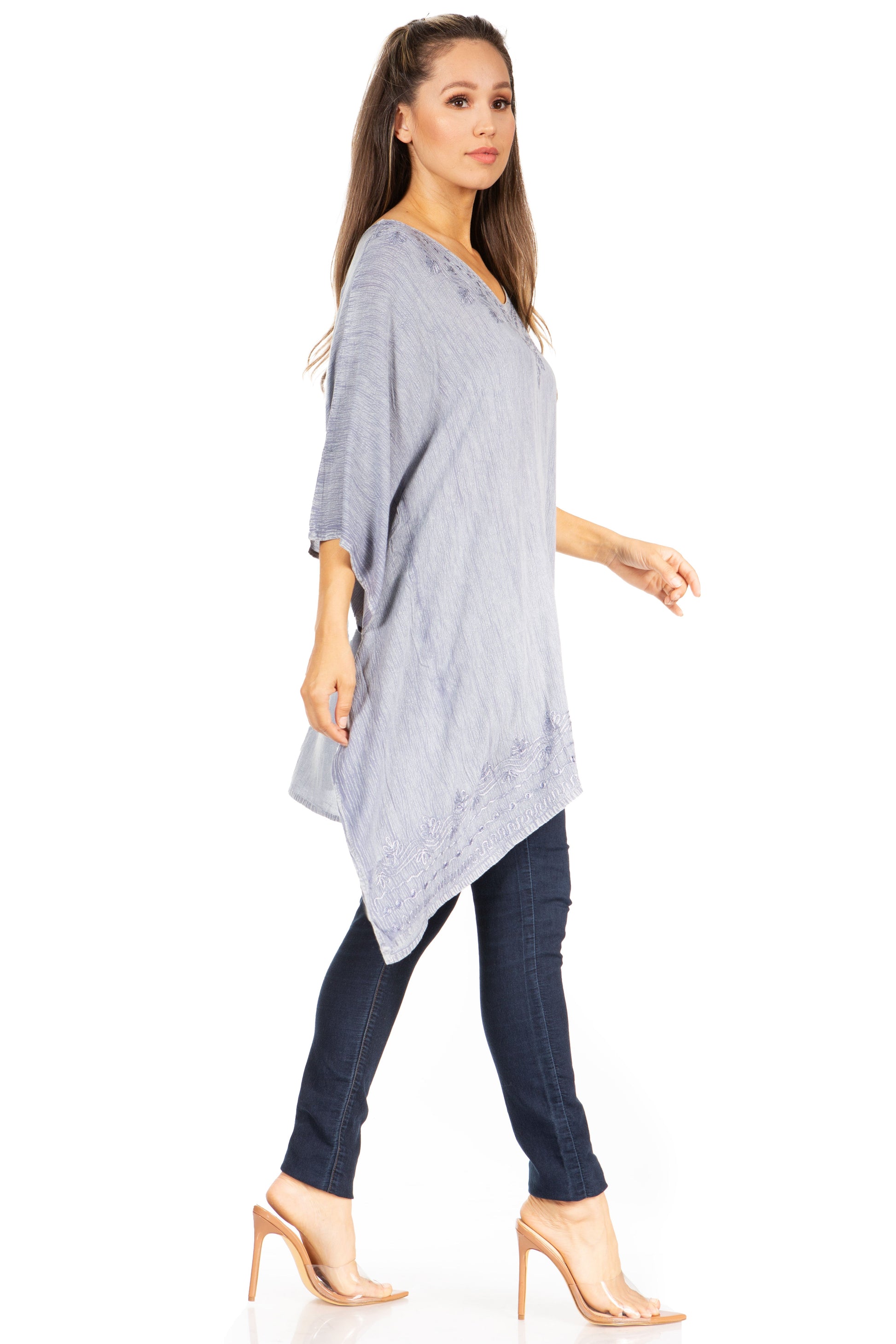 Sakkas Wren Lightweight Circle Poncho Top Blouse With Detailed Embroidery - Concordia Style Boutique