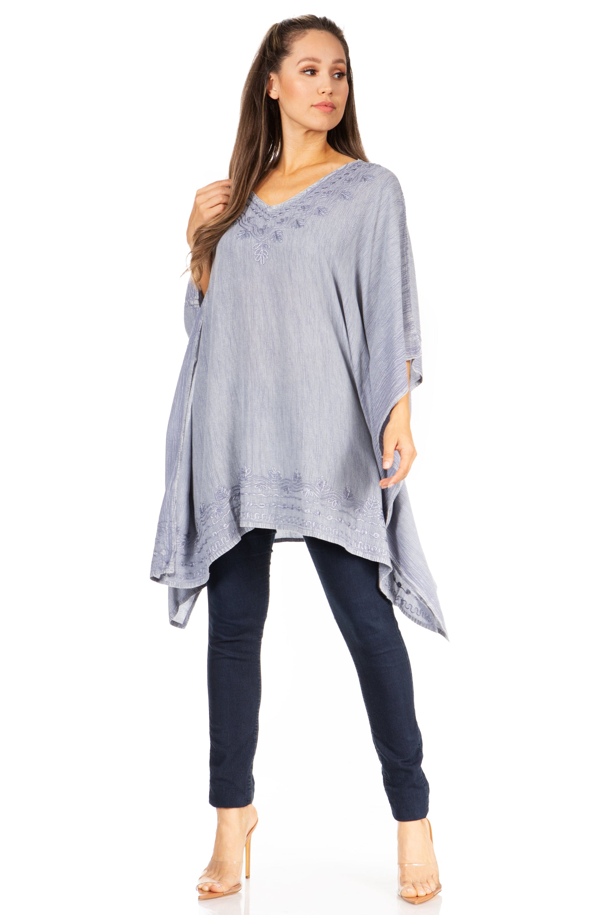 Sakkas Wren Lightweight Circle Poncho Top Blouse With Detailed Embroidery - Concordia Style Boutique
