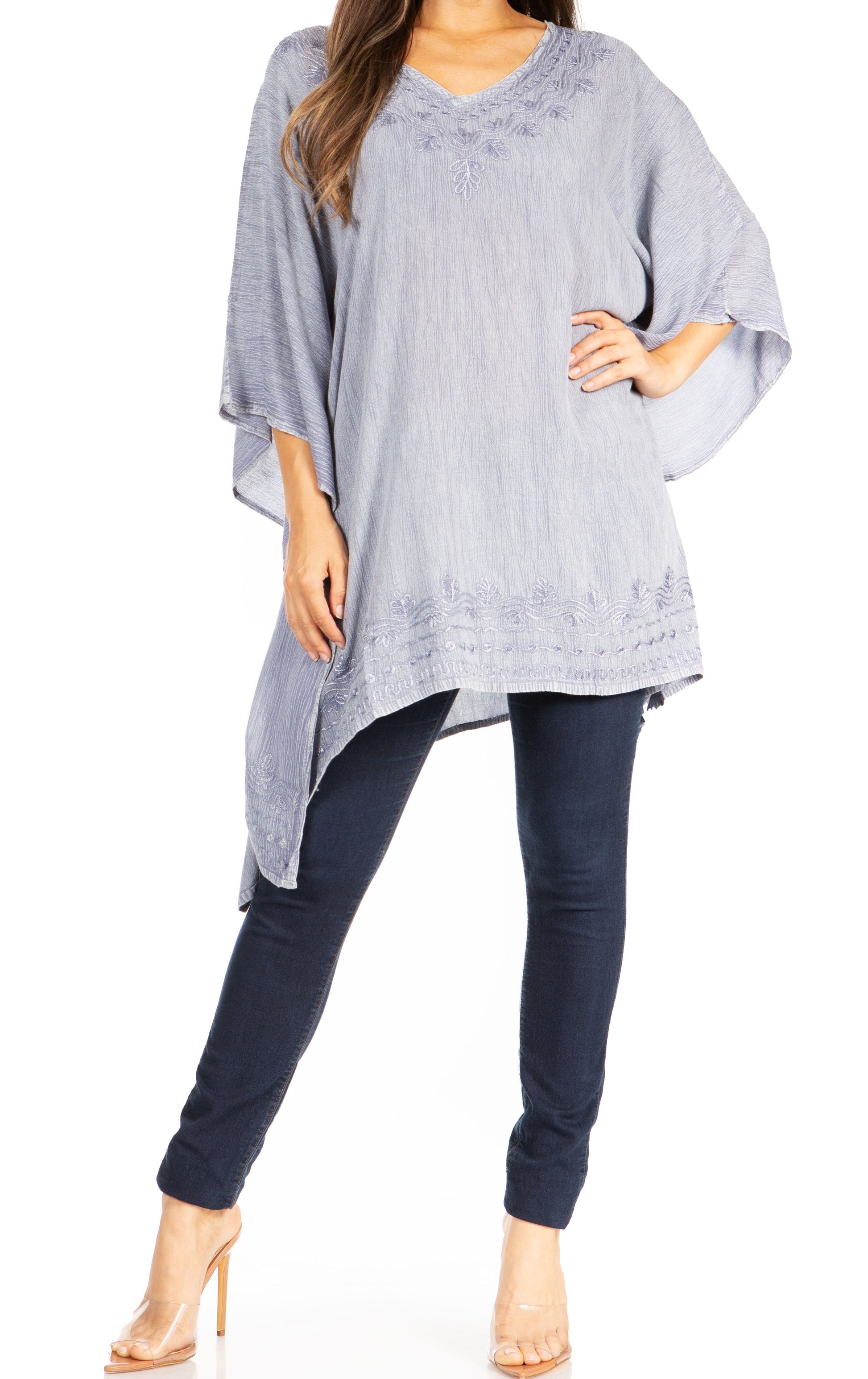 Sakkas Wren Lightweight Circle Poncho Top Blouse With Detailed Embroidery - Concordia Style Boutique
