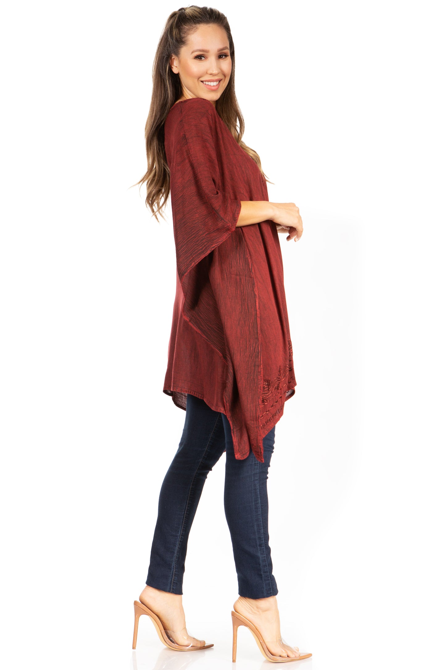 Sakkas Wren Lightweight Circle Poncho Top Blouse With Detailed Embroidery - Concordia Style Boutique