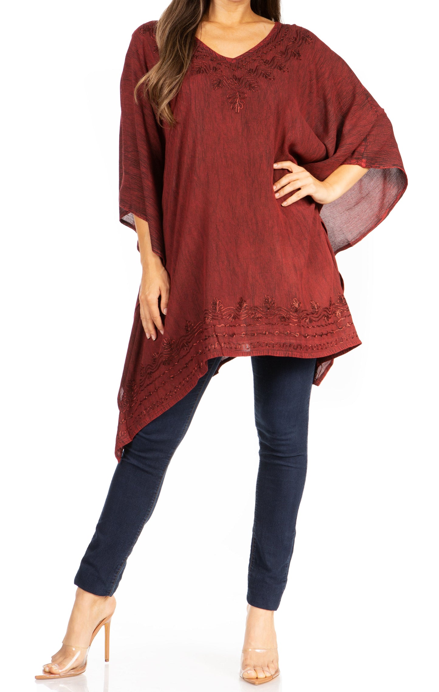 Sakkas Wren Lightweight Circle Poncho Top Blouse With Detailed Embroidery - Concordia Style Boutique