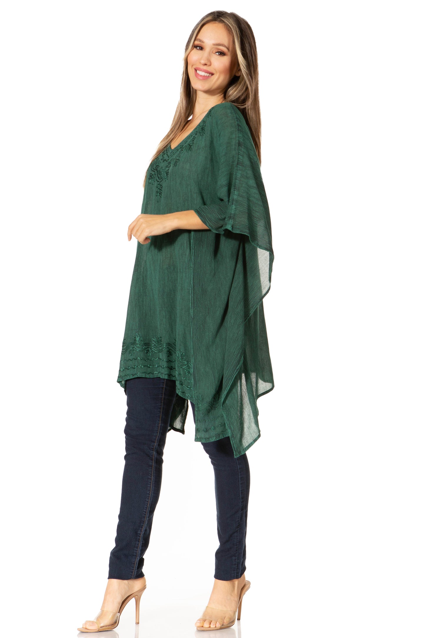 Sakkas Wren Lightweight Circle Poncho Top Blouse With Detailed Embroidery - Concordia Style Boutique