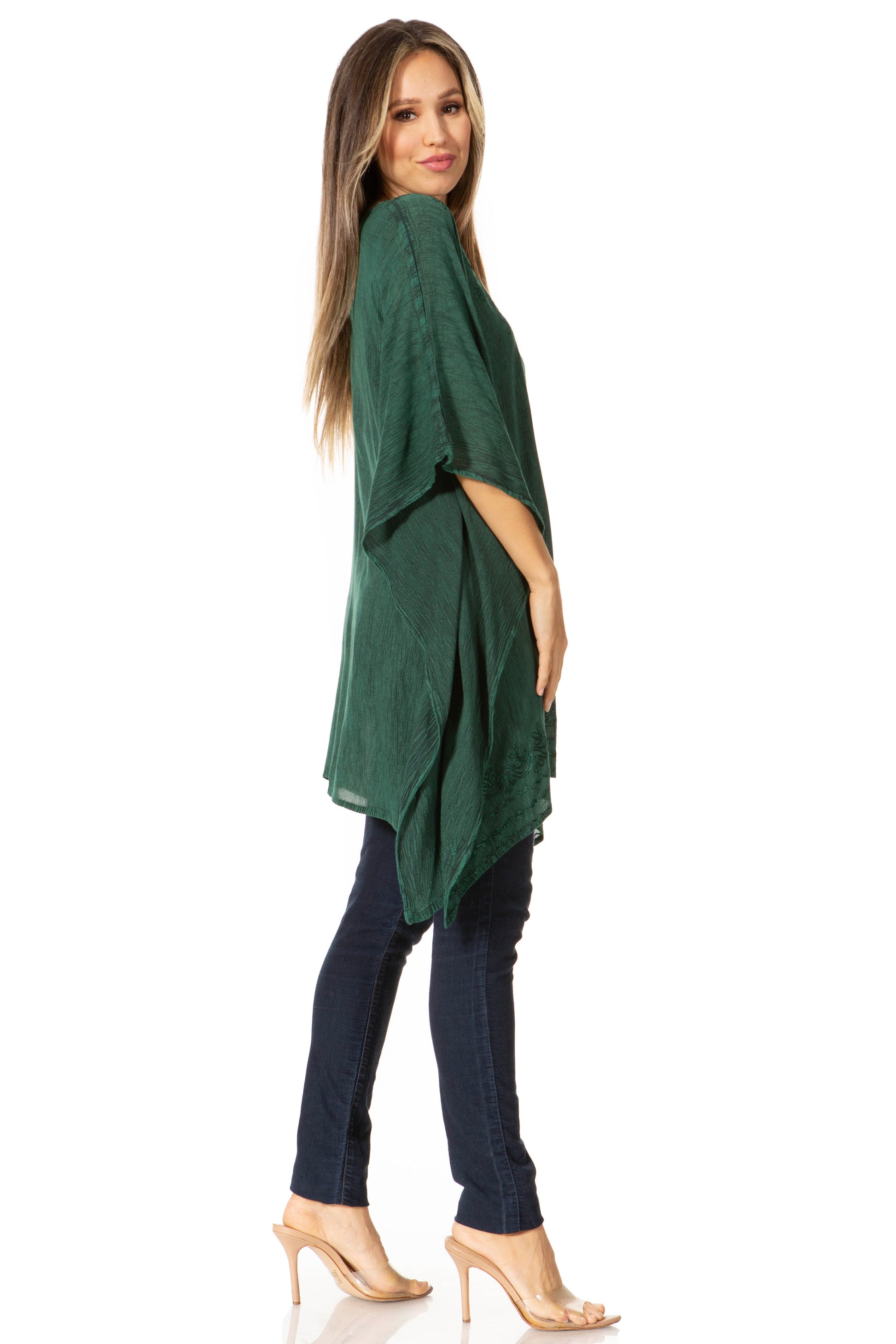 Sakkas Wren Lightweight Circle Poncho Top Blouse With Detailed Embroidery - Concordia Style Boutique