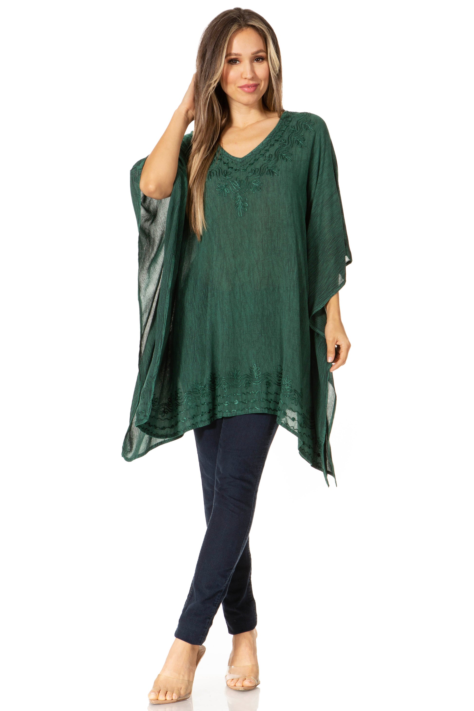 Sakkas Wren Lightweight Circle Poncho Top Blouse With Detailed Embroidery - Concordia Style Boutique