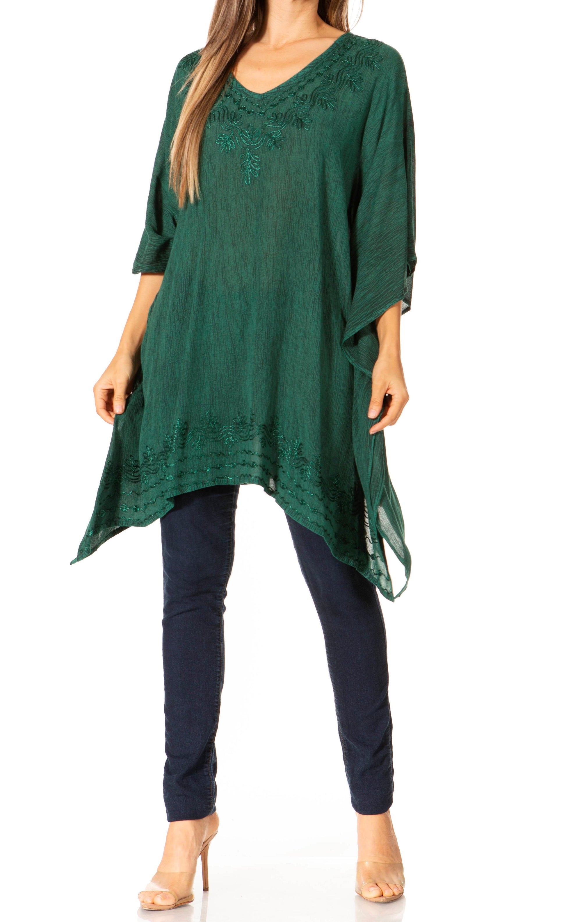 Sakkas Wren Lightweight Circle Poncho Top Blouse With Detailed Embroidery - Concordia Style Boutique