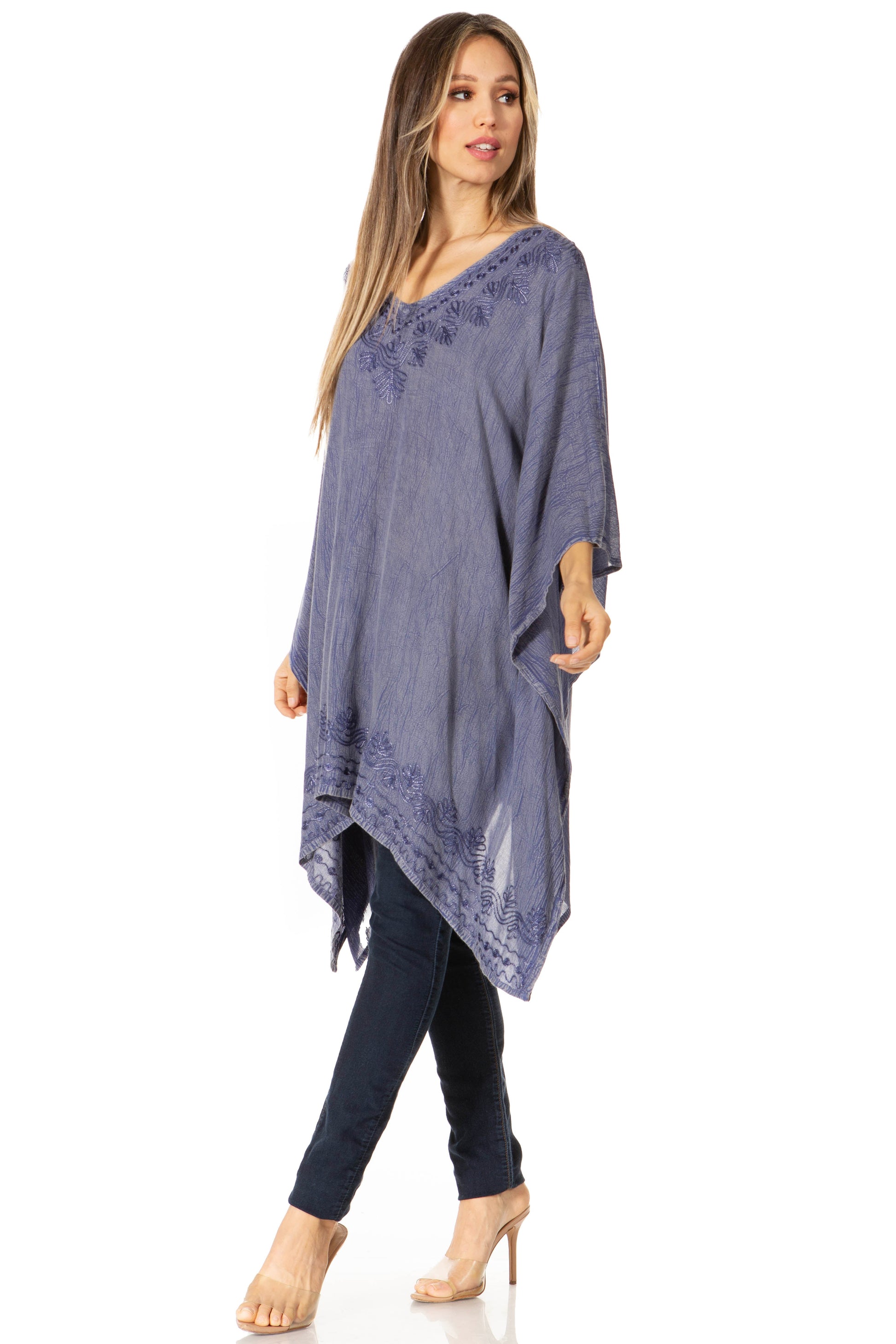 Sakkas Wren Lightweight Circle Poncho Top Blouse With Detailed Embroidery - Concordia Style Boutique